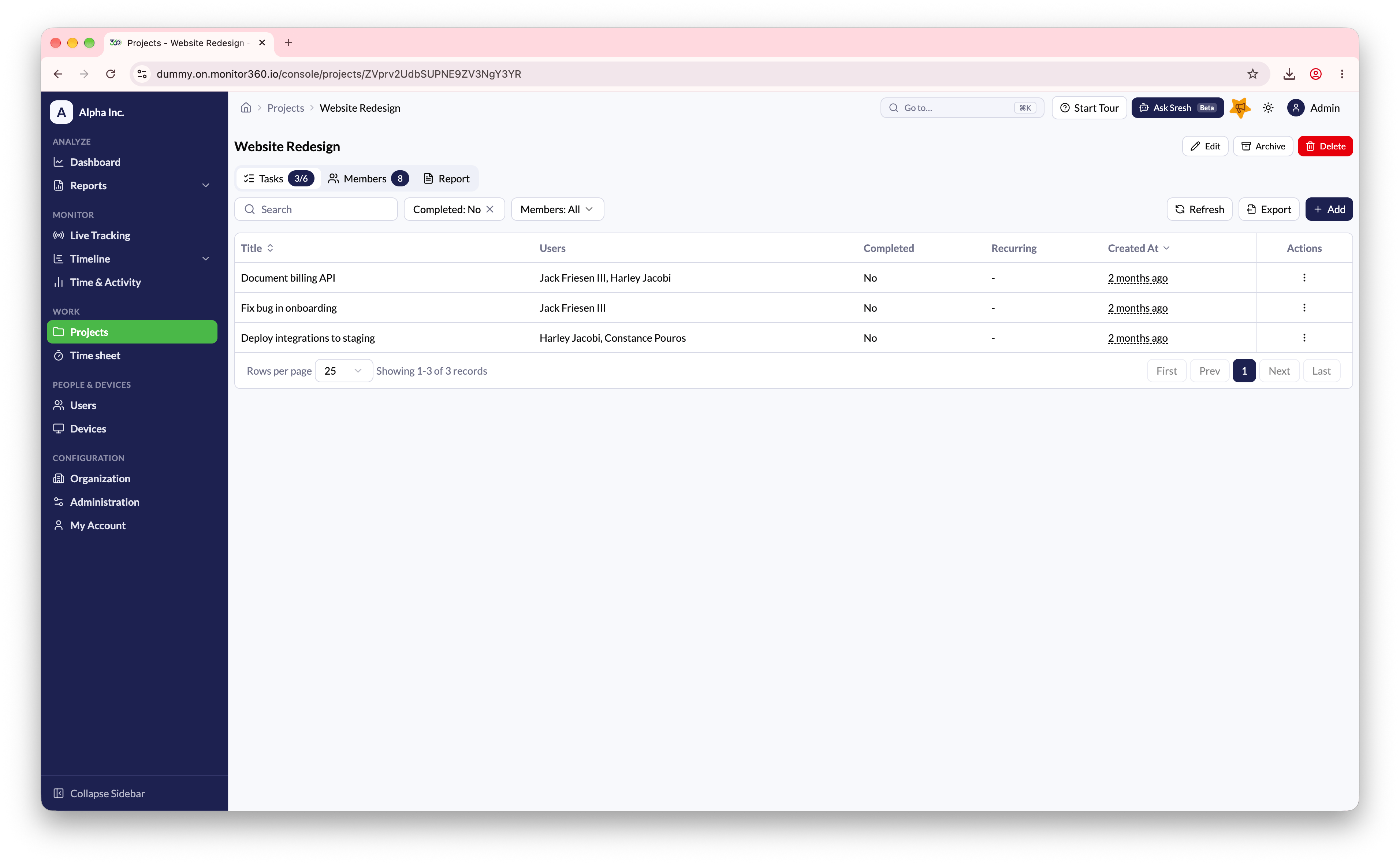 Screenshot needed: Project details page on the Tasks tab