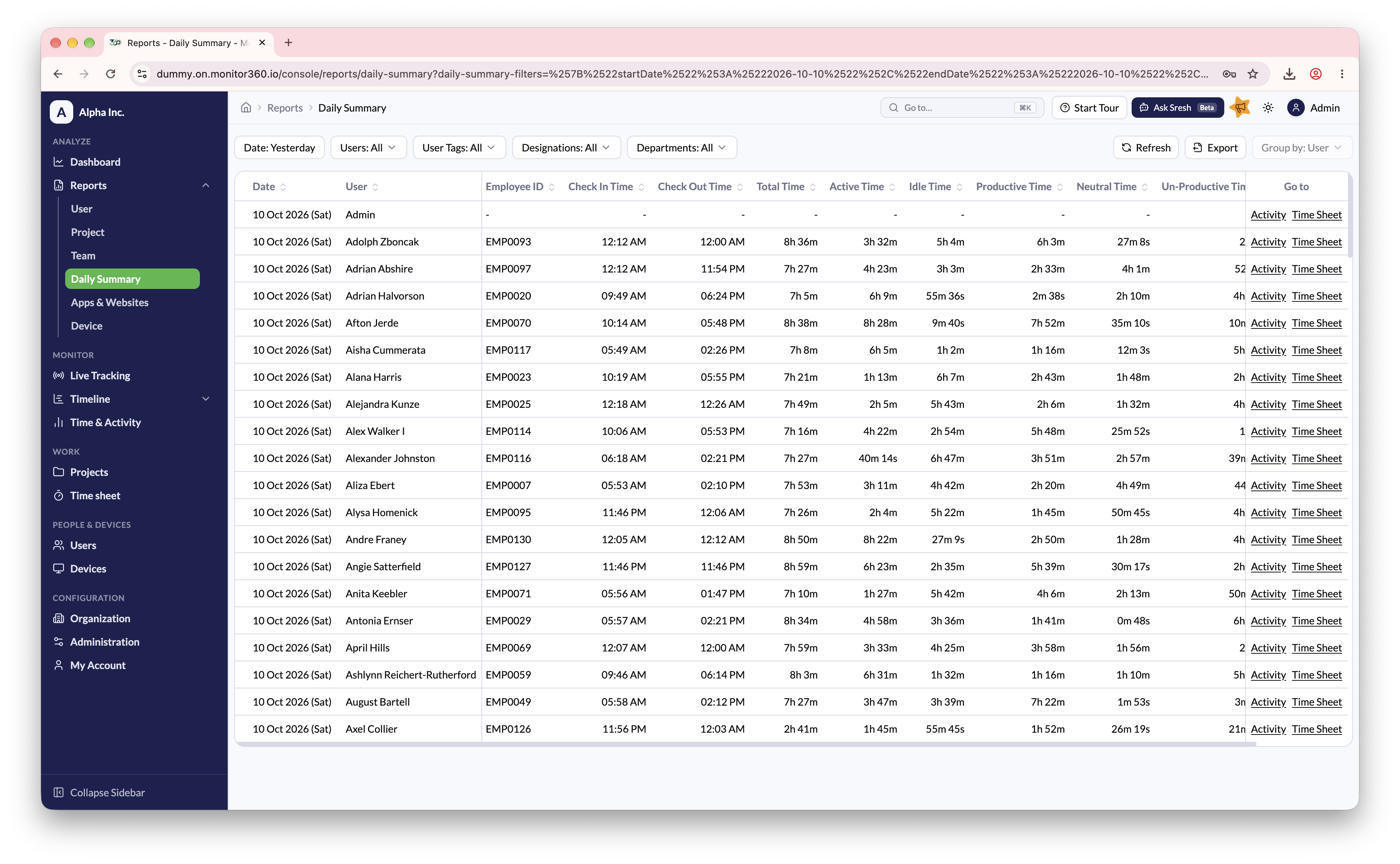 Daily summary report screen