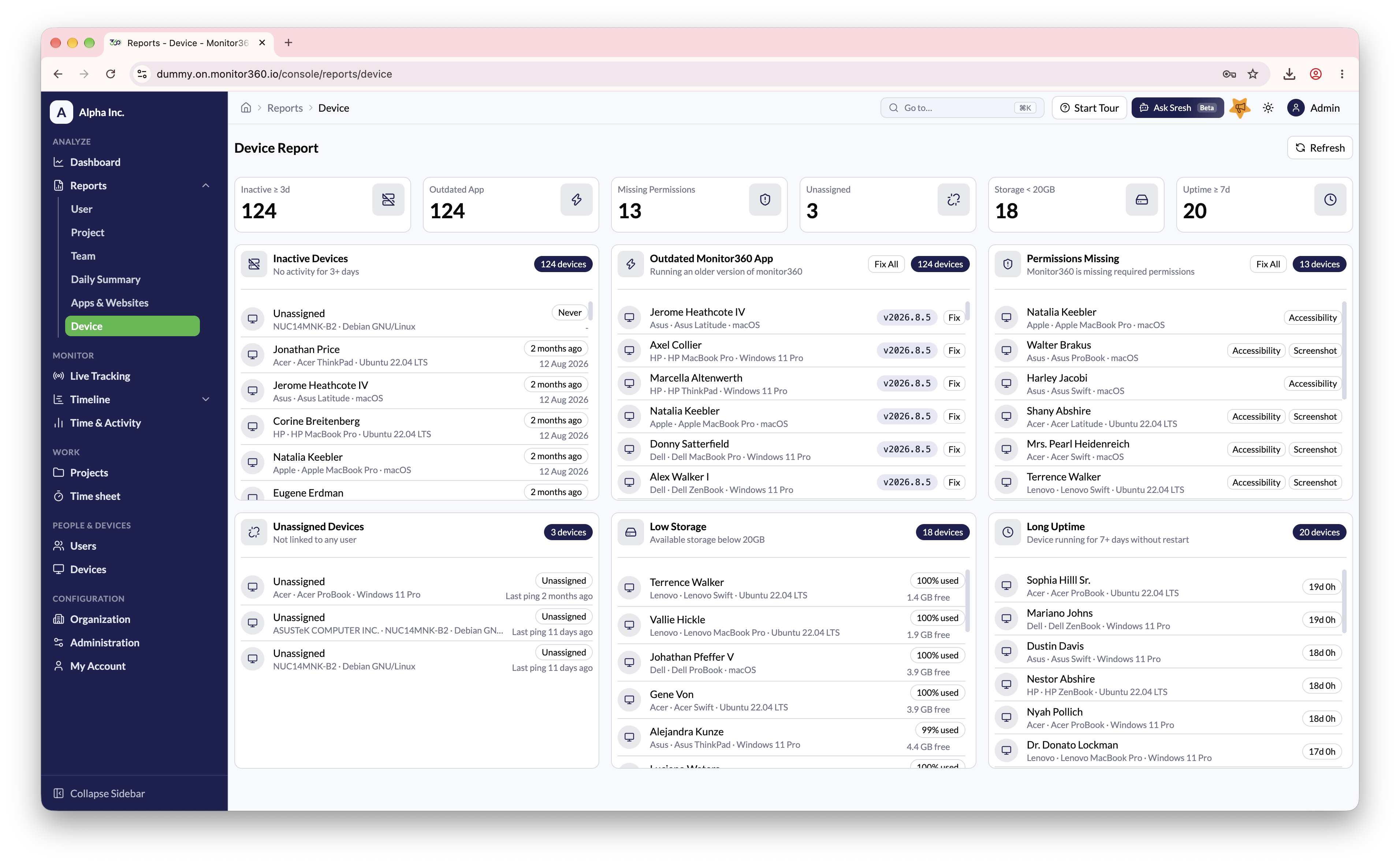 Device Report screen