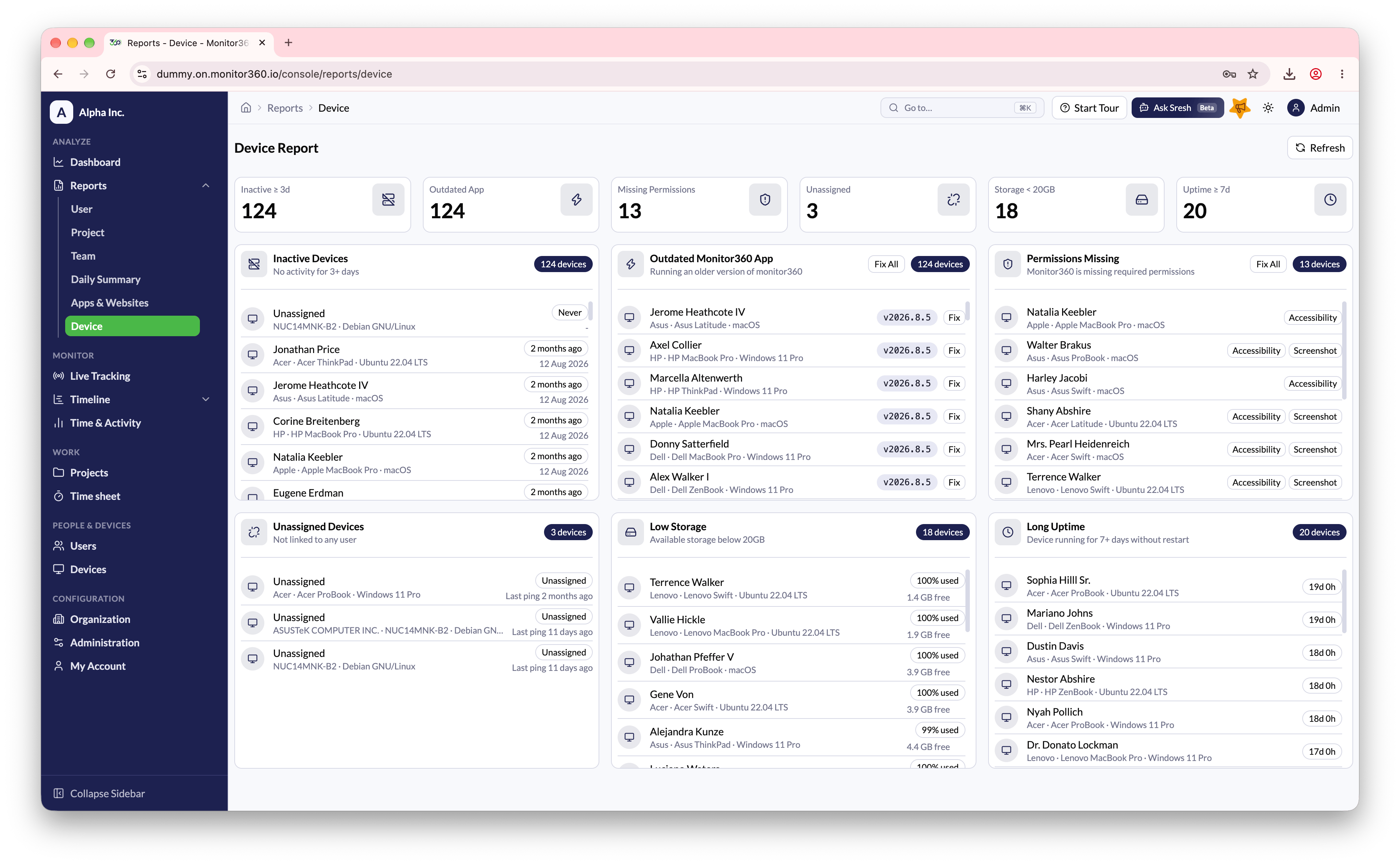 Device Report screen