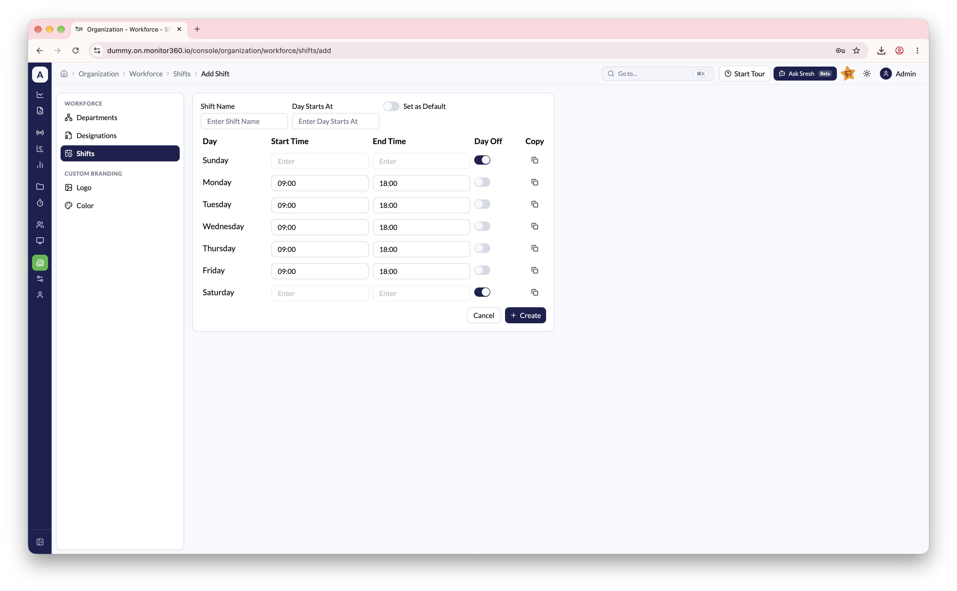 Add Shift screen