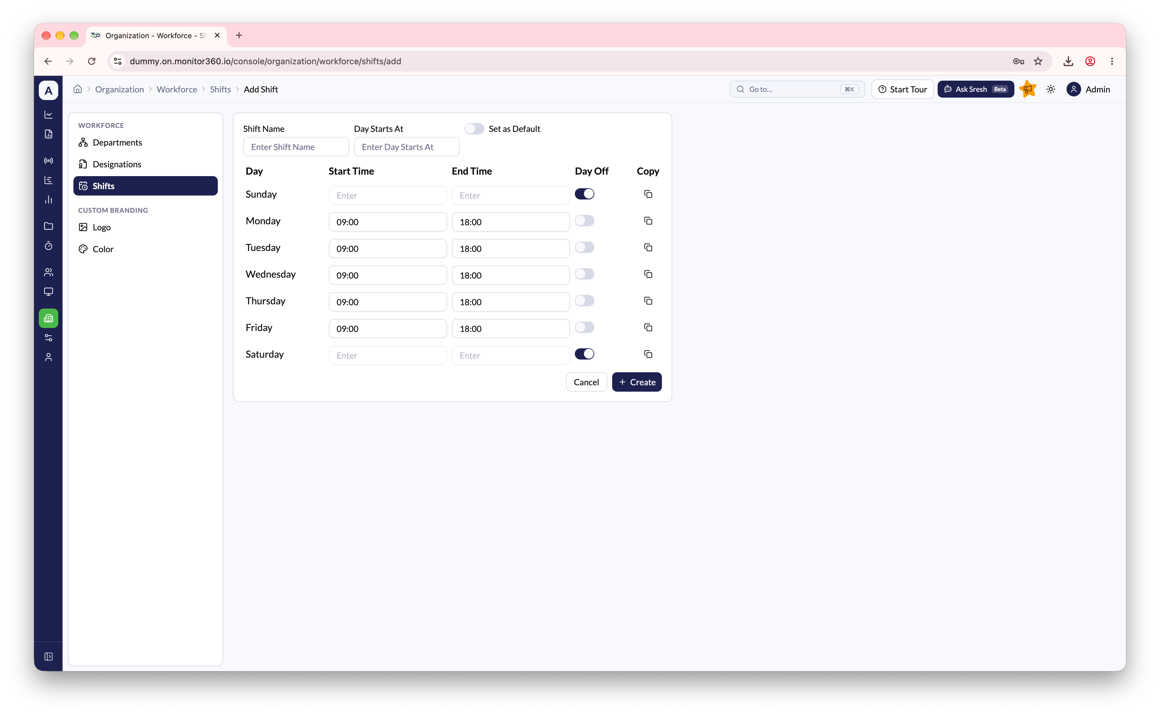 Add Shift screen