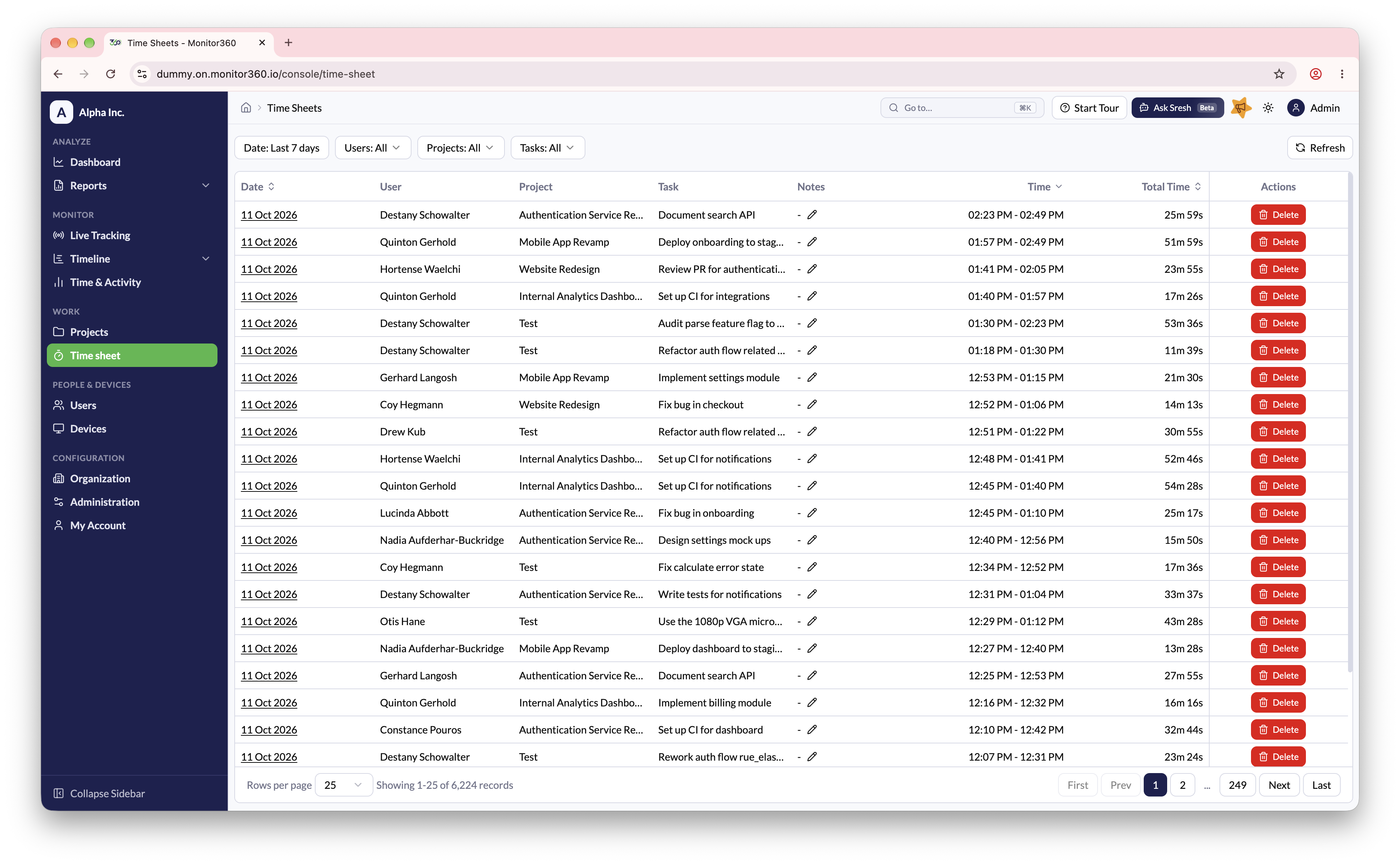 Screenshot needed: Time sheet list with filters and notes