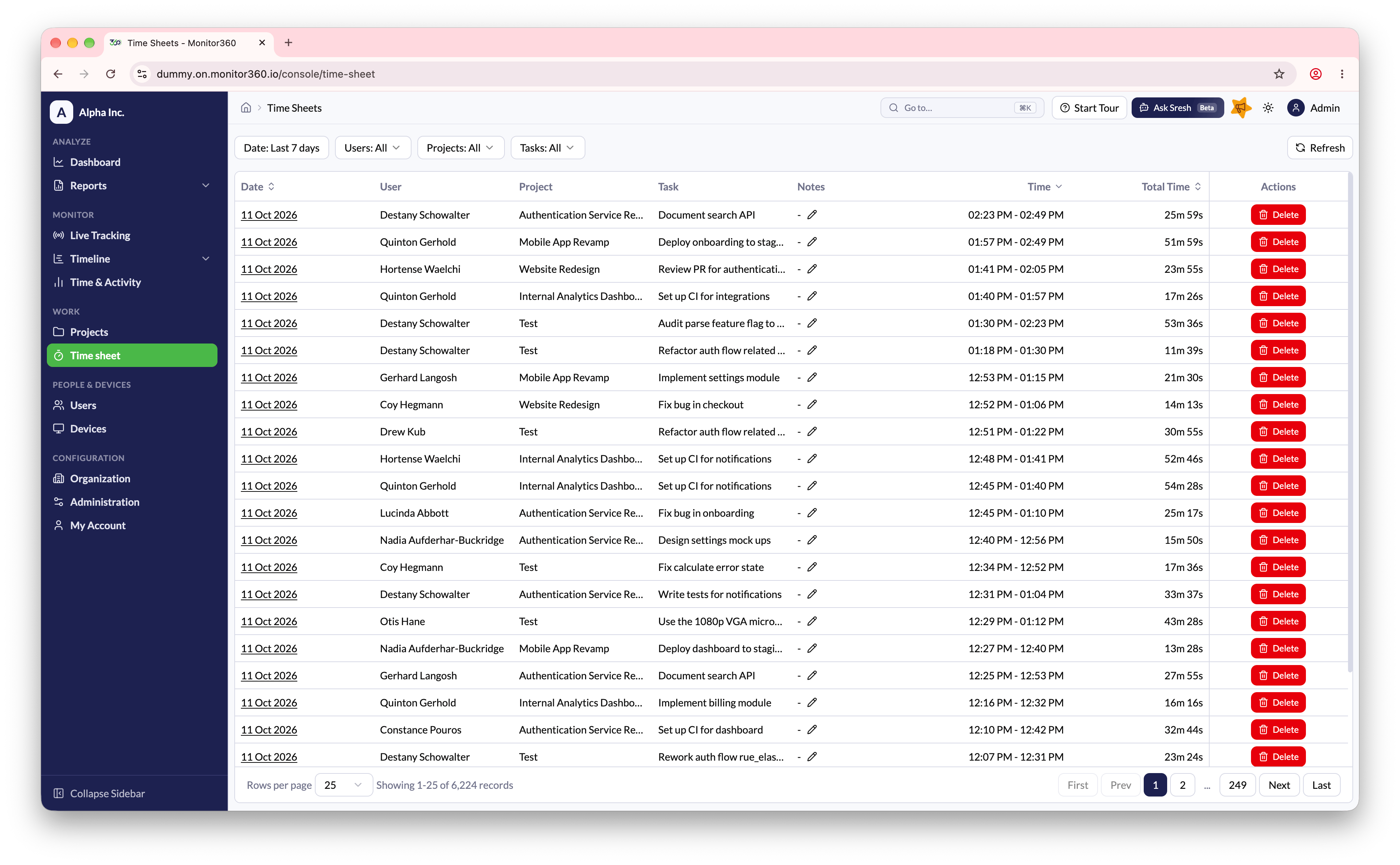 Screenshot needed: Time sheet list with filters and notes