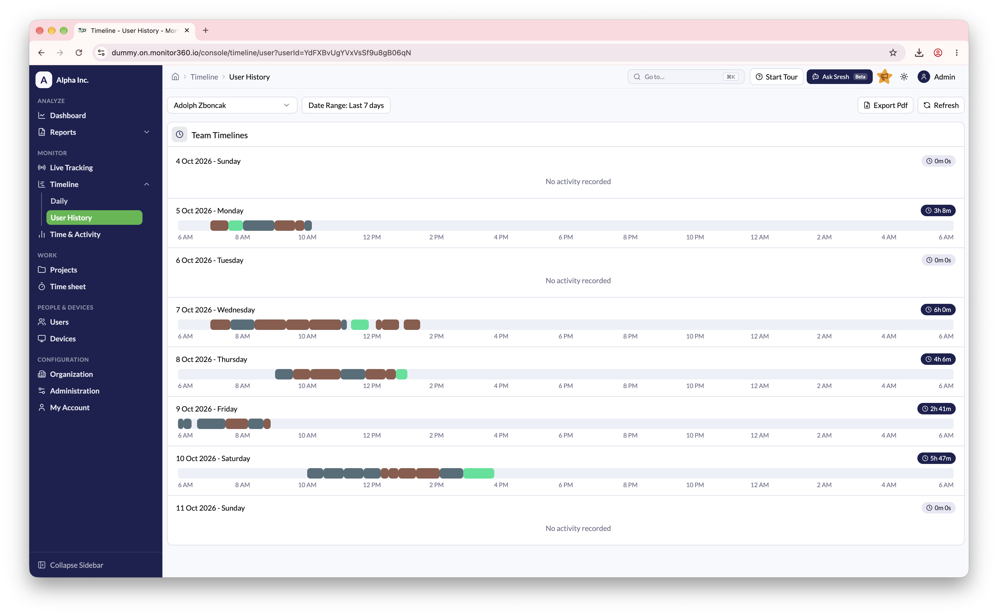 Timeline user history screen