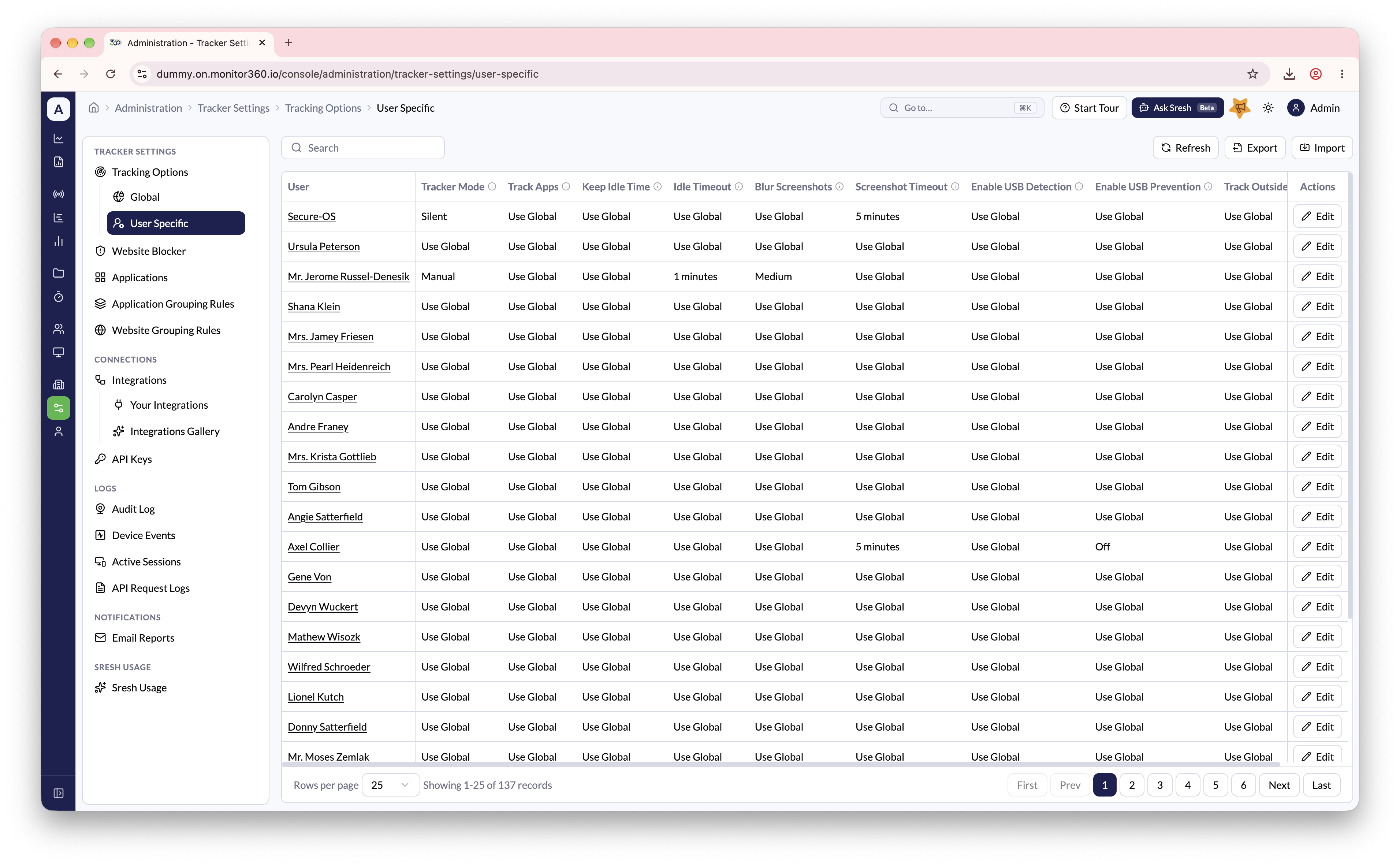 Screenshot needed: User Specific tracker settings table with Search and Import