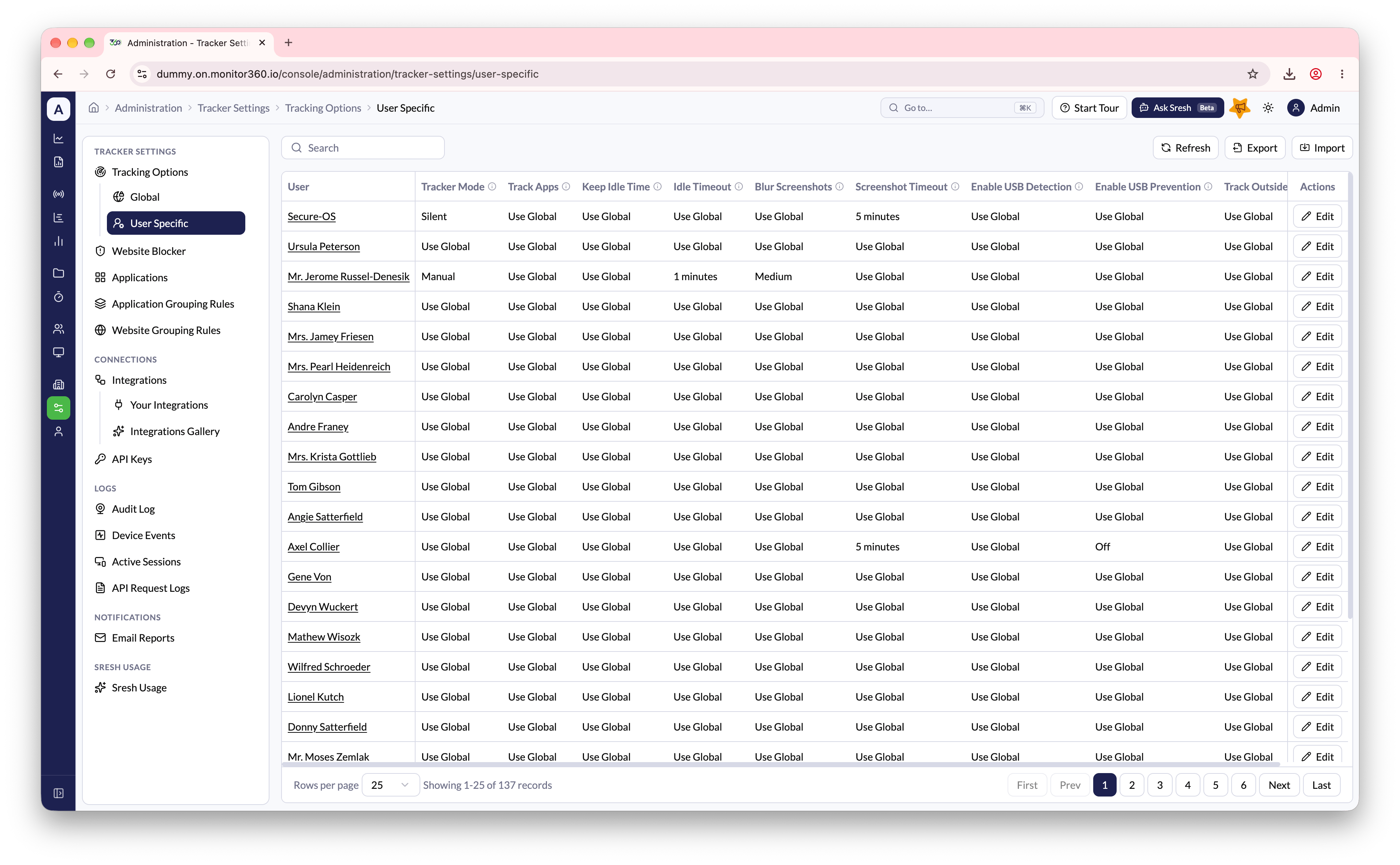 Screenshot needed: User Specific tracker settings table with Search and Import