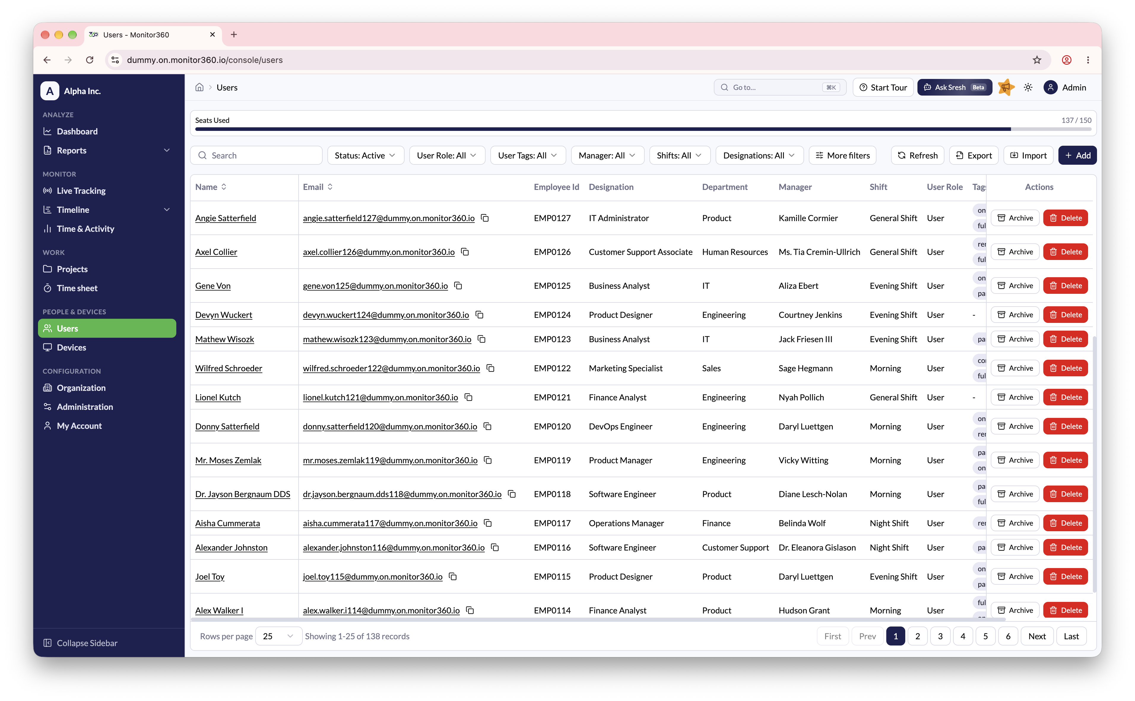 Screenshot needed: Users list with Seats Used, filters, and Import / + Add buttons