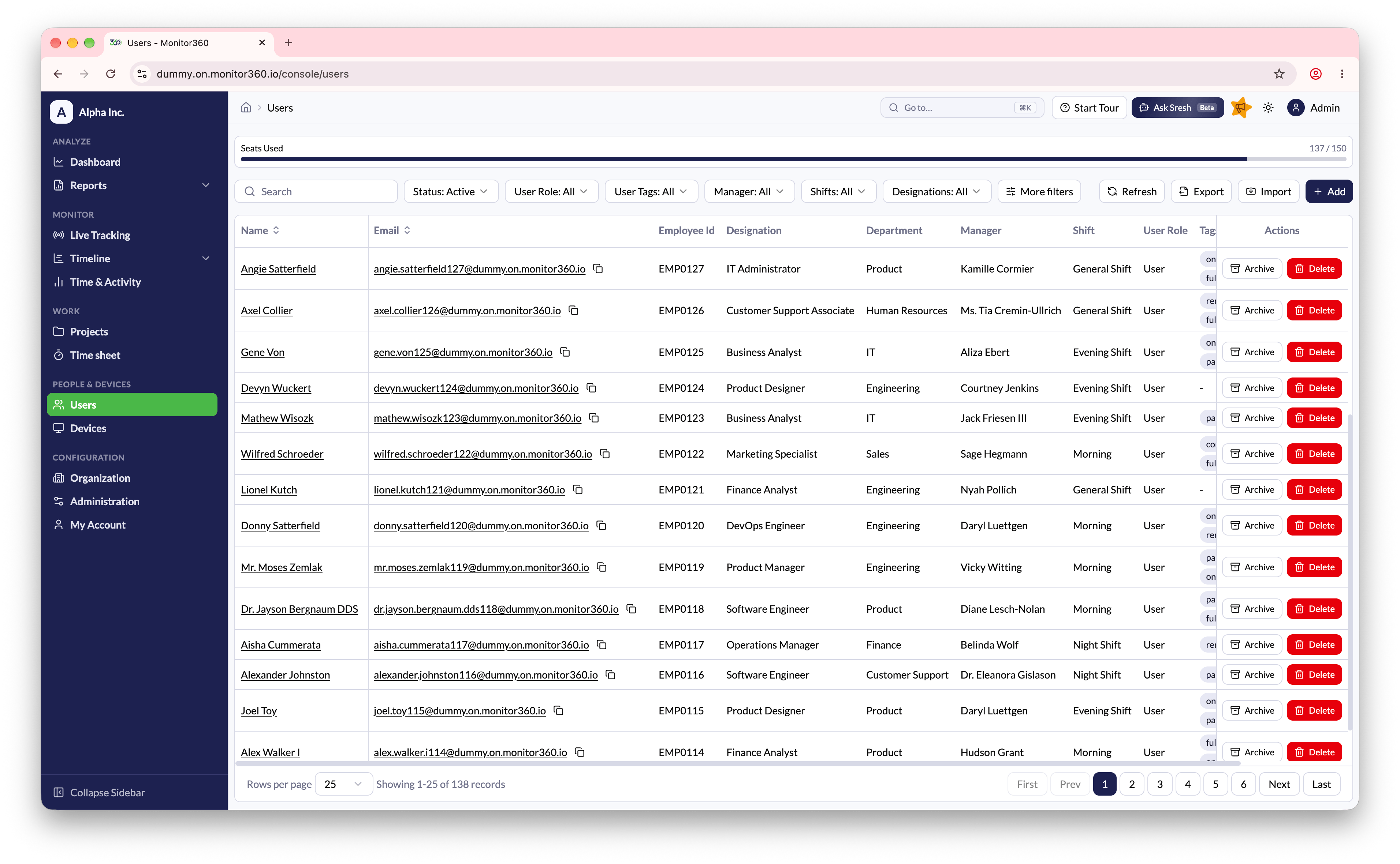 Screenshot needed: Users list with Seats Used, filters, and Import / + Add buttons