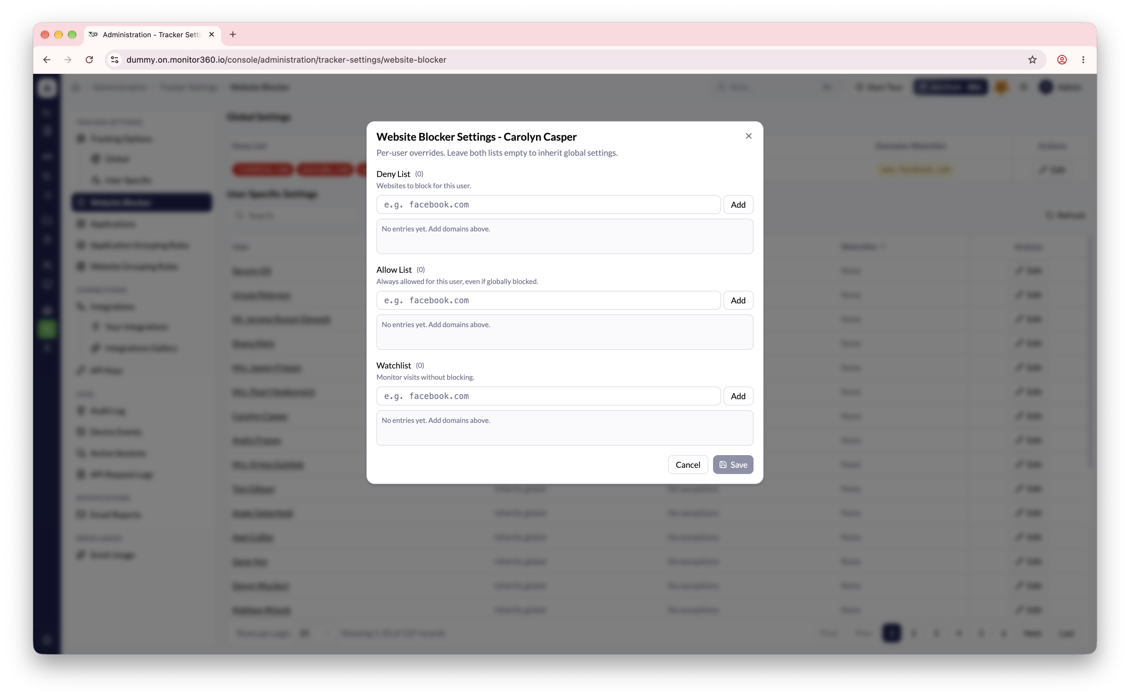 Screenshot needed: Per-user website blocker dialog with Deny List, Allow List, and Watchlist