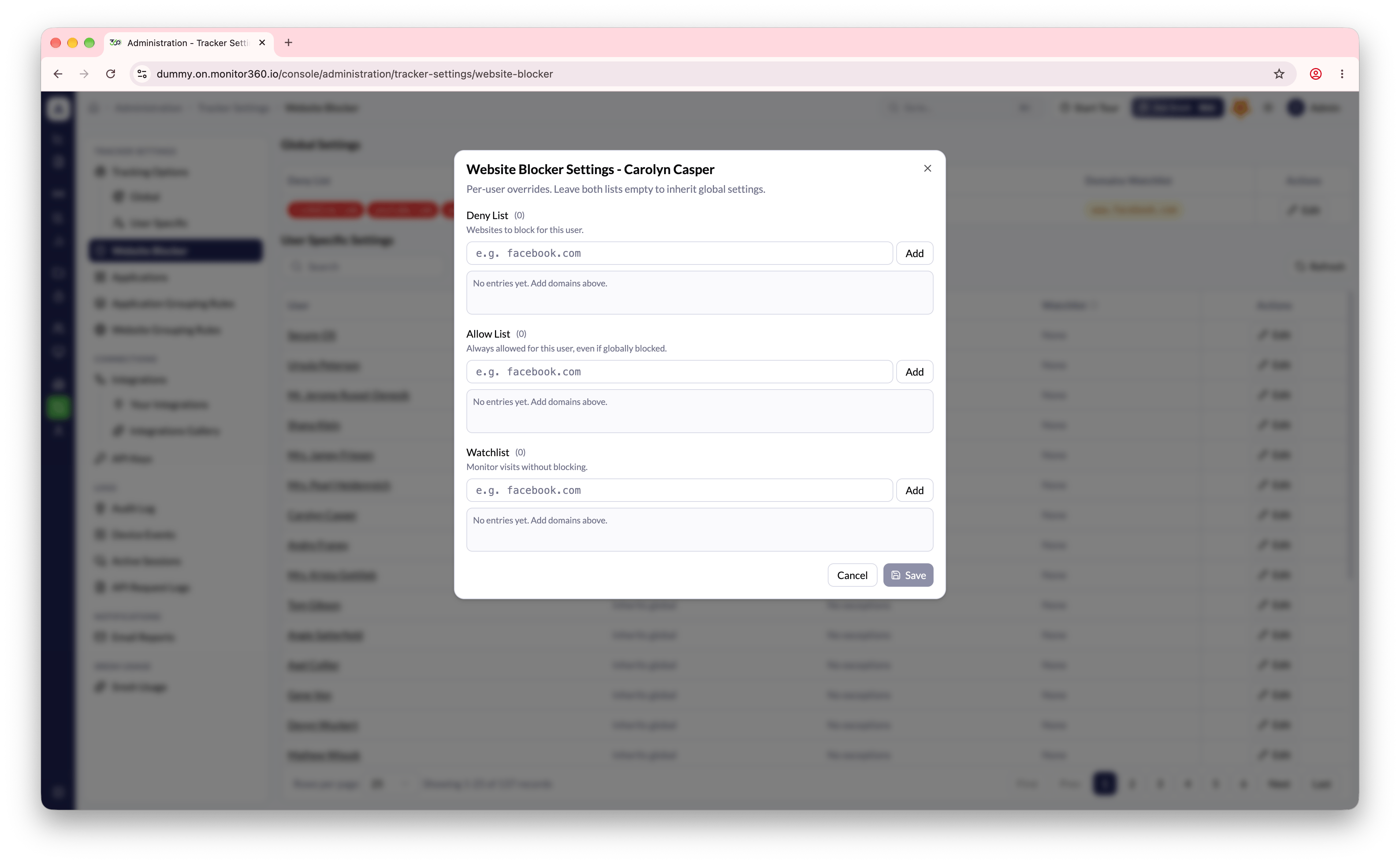 Screenshot needed: Per-user website blocker dialog with Deny List, Allow List, and Watchlist