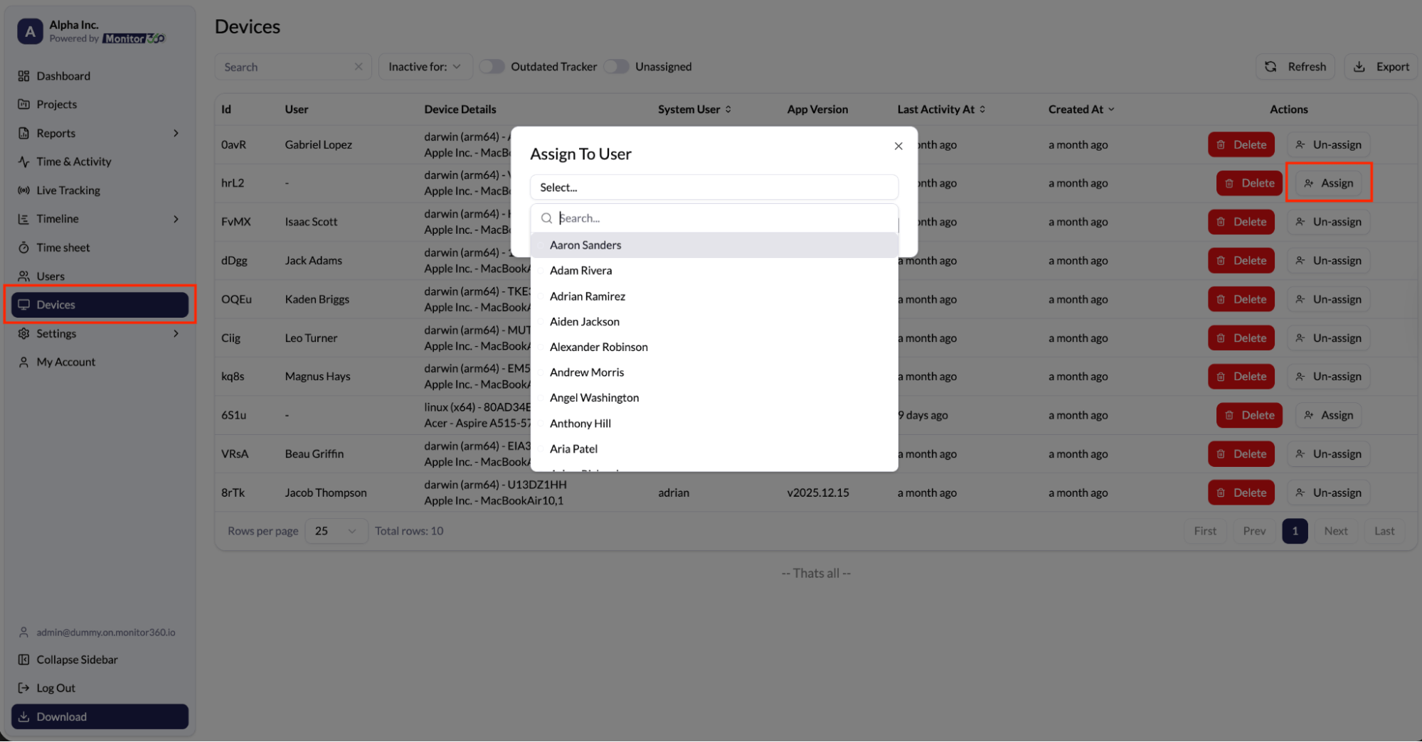 Assign device to user screen