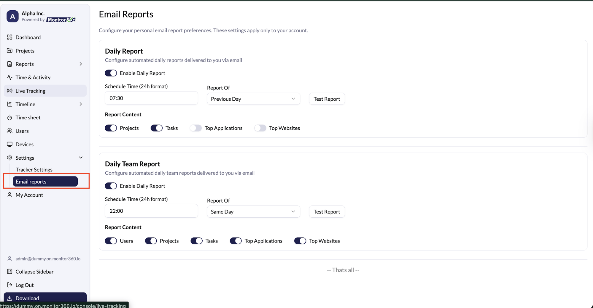 Email reports screen