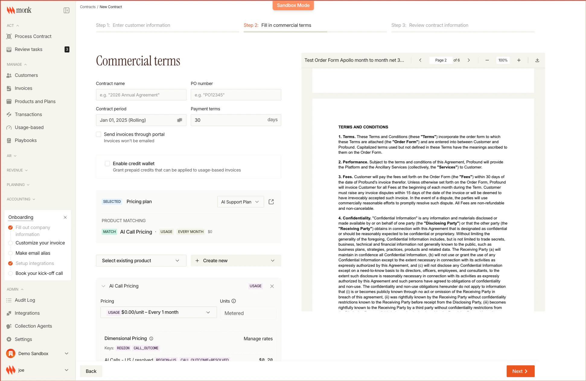 Commercial terms page showing contract details, prepaid credits, and plan selection
