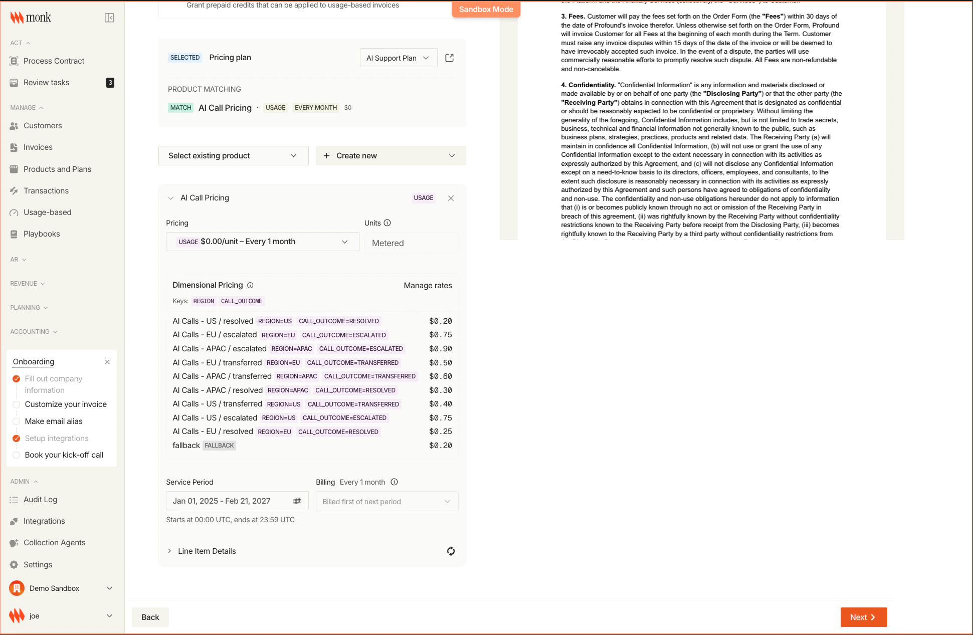 Contract review showing AI Call Pricing with all 9 dimensional rate combinations