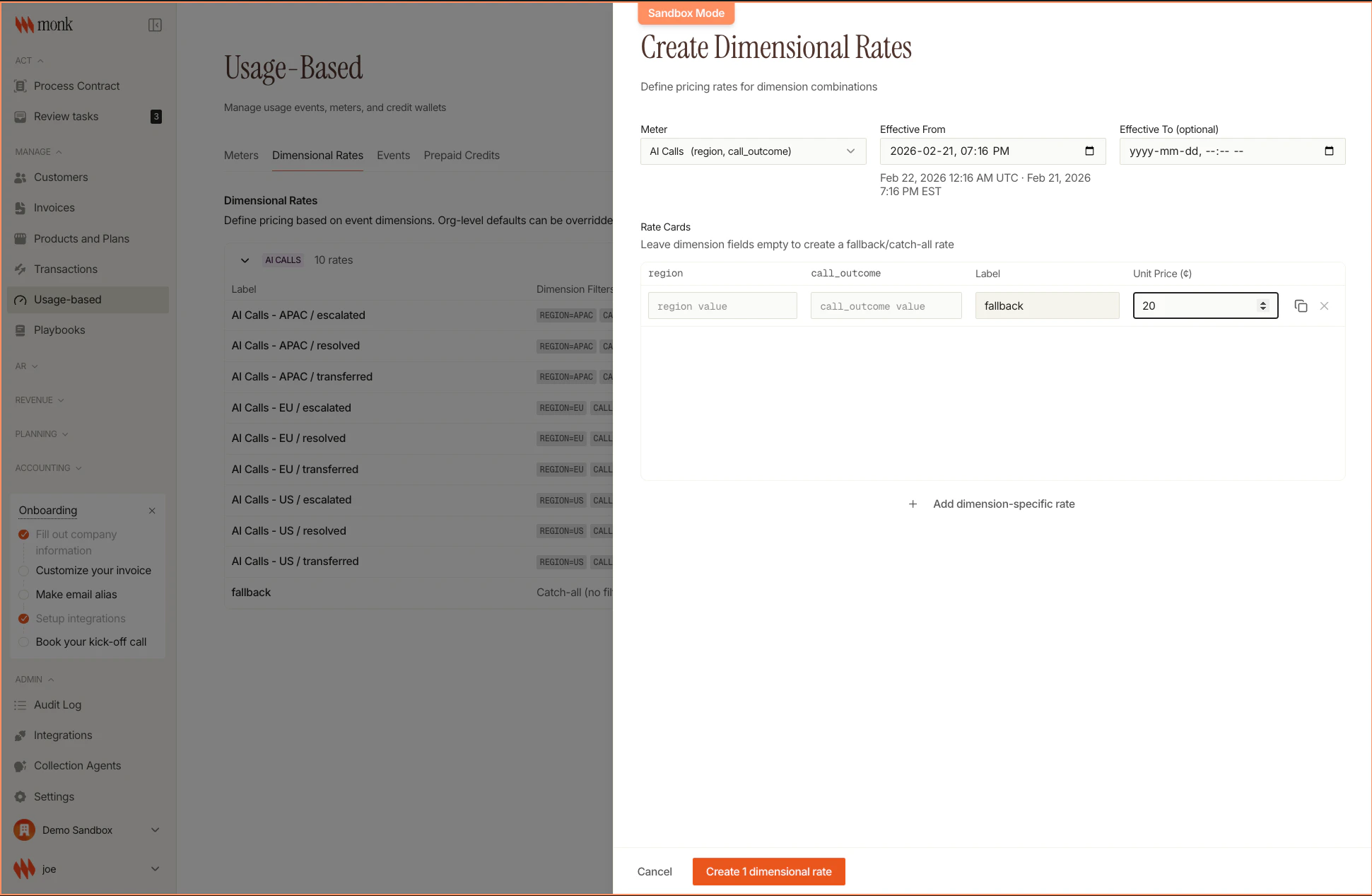 Rate Card creation showing meter selection dropdown