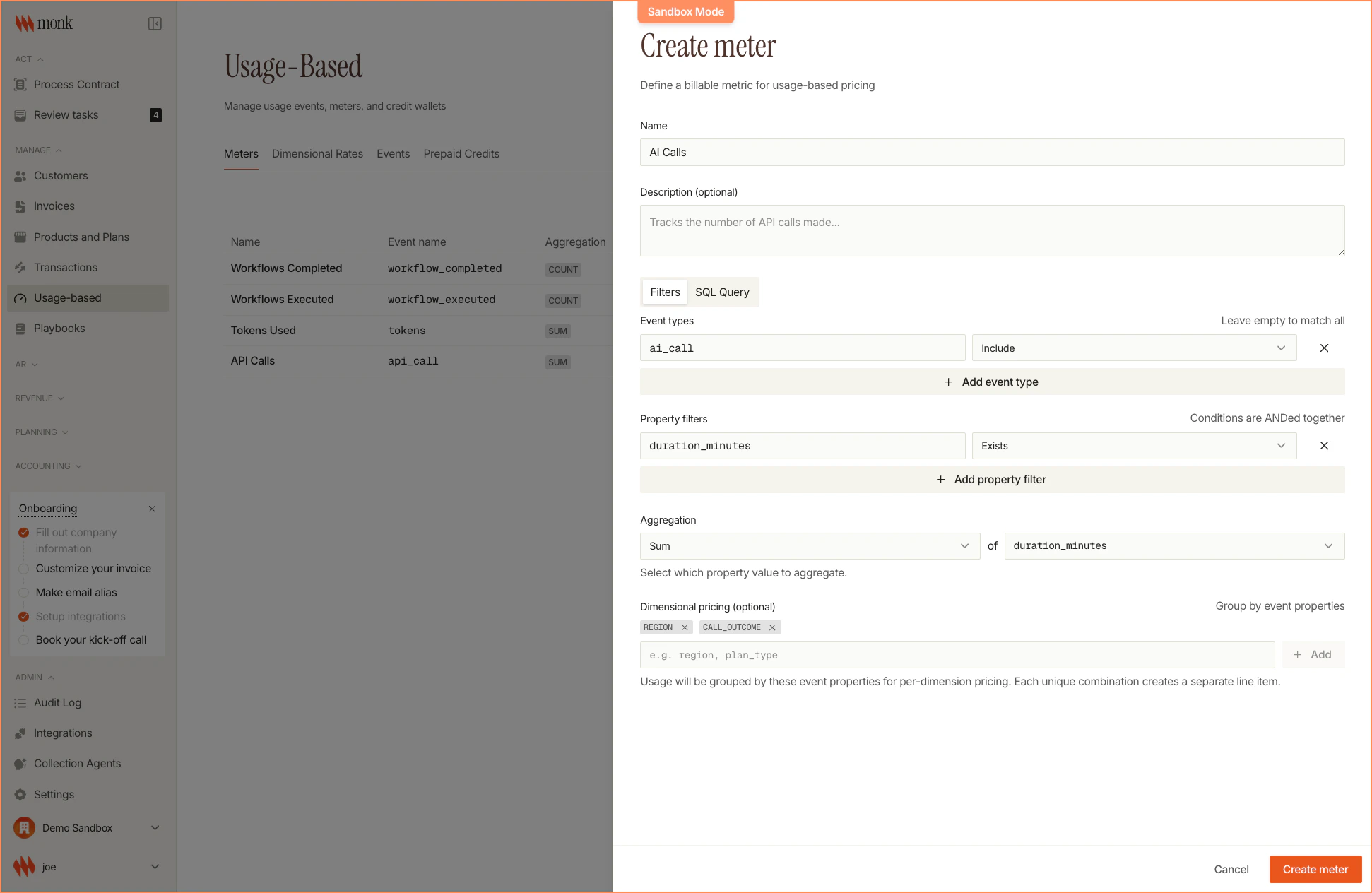 Create Meter dialog with Group Keys field showing region and call_outcome