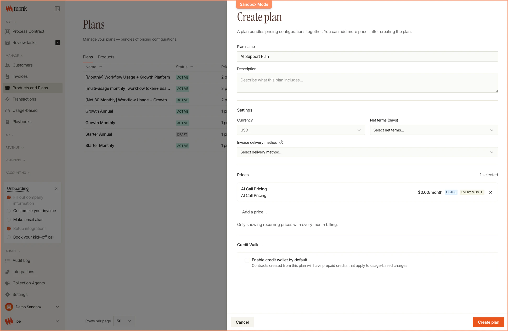 Add Pricing Item showing AI Call Pricing with dimensional rates