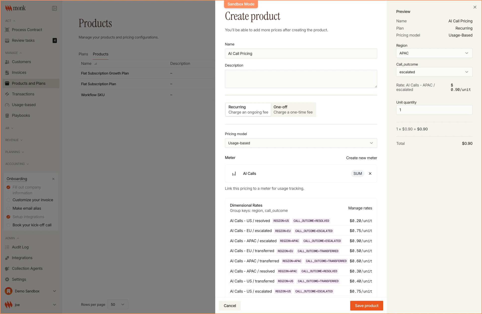 Create Pricing dialog with rate card selection