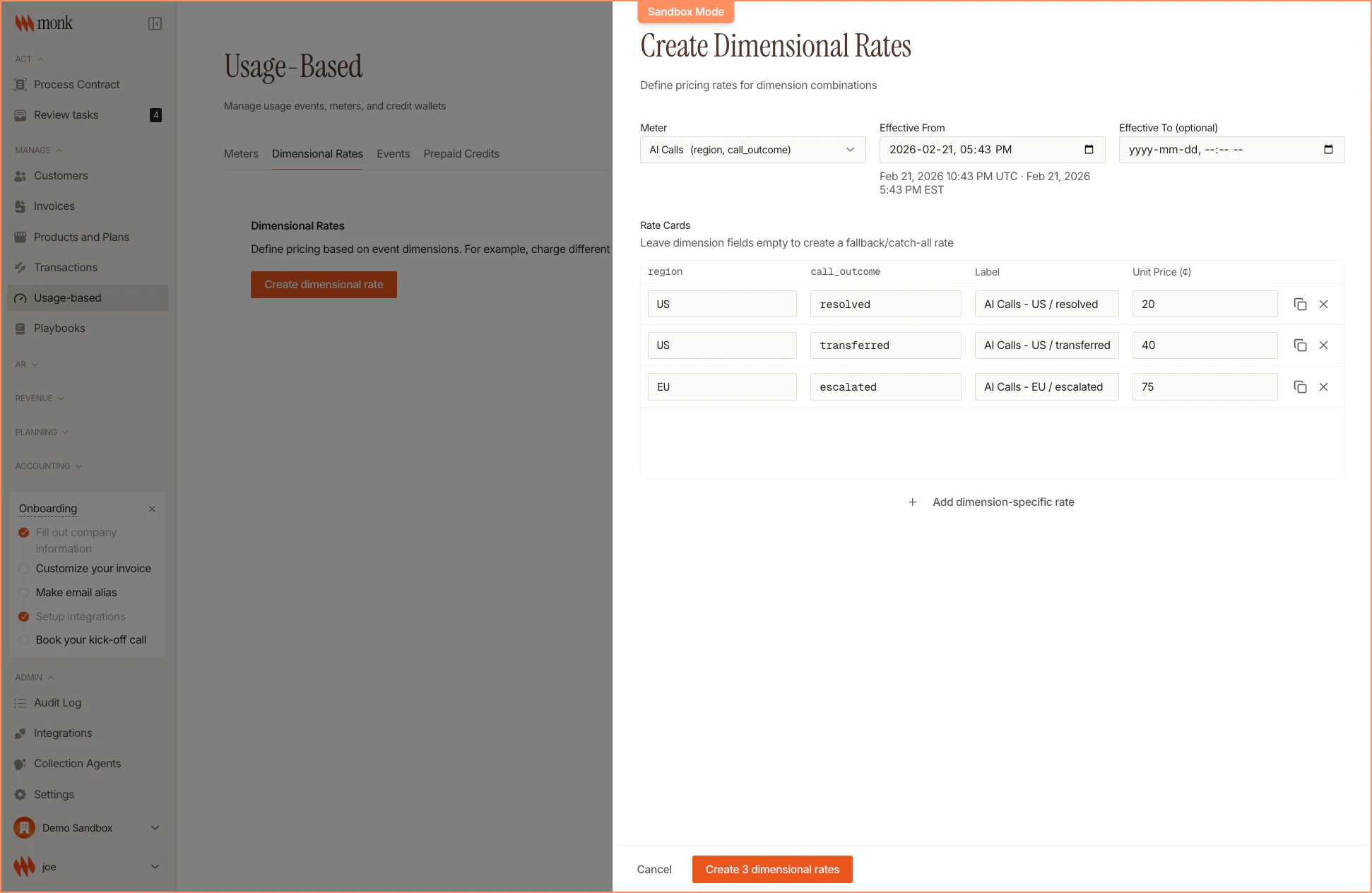 Rate Card table showing dimension combinations and rates