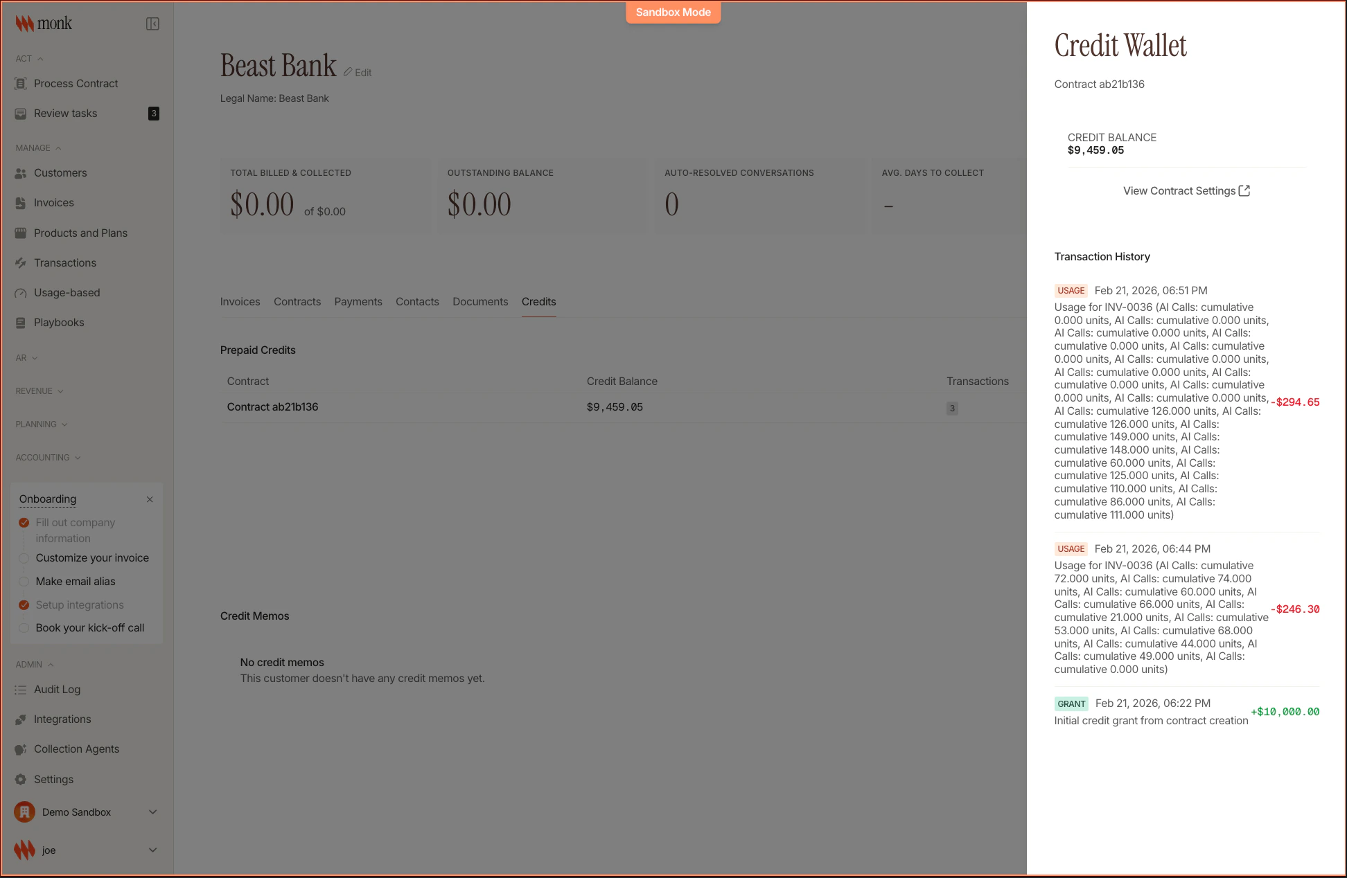 Credit wallet transaction history showing usage deductions and remaining balance