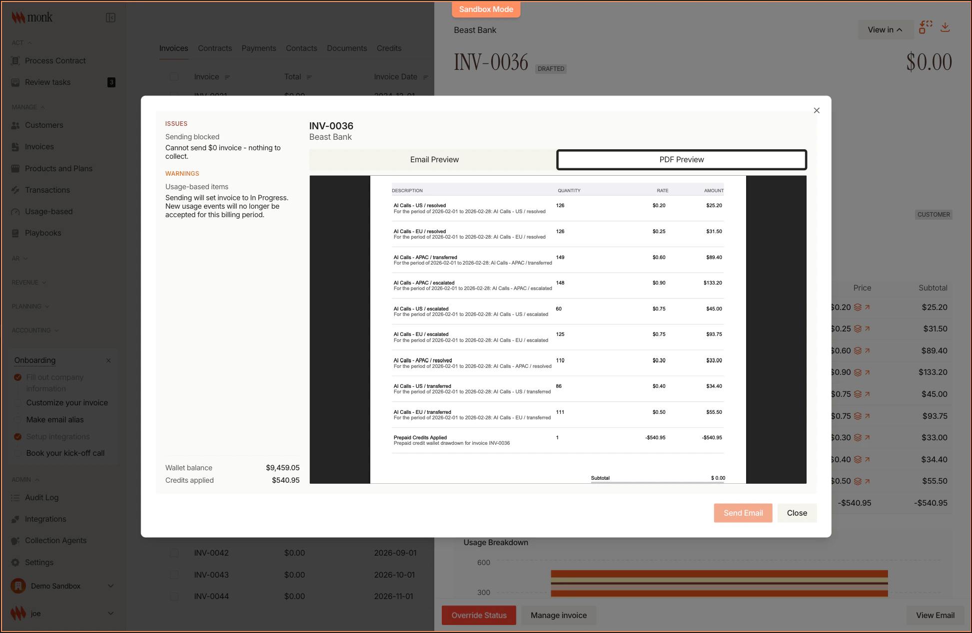 Invoice PDF preview showing dimensional line items with prepaid credits applied