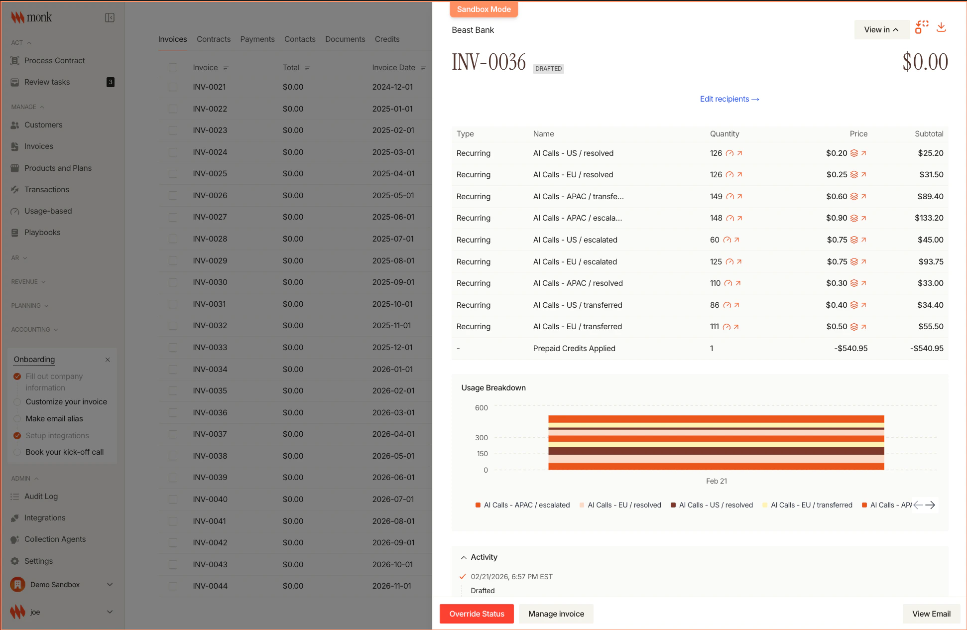 Invoice showing separate line items for each region/outcome combination
