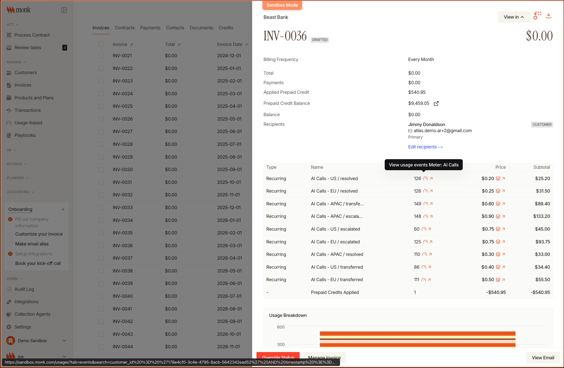 Invoice line item showing clickable quantity with meter icon linking to usage events