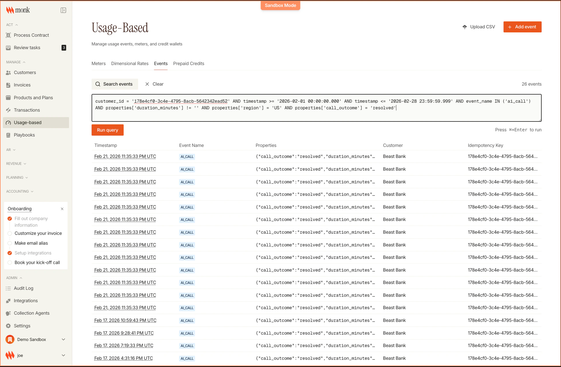 Usage events page showing filtered events for a specific dimension combination