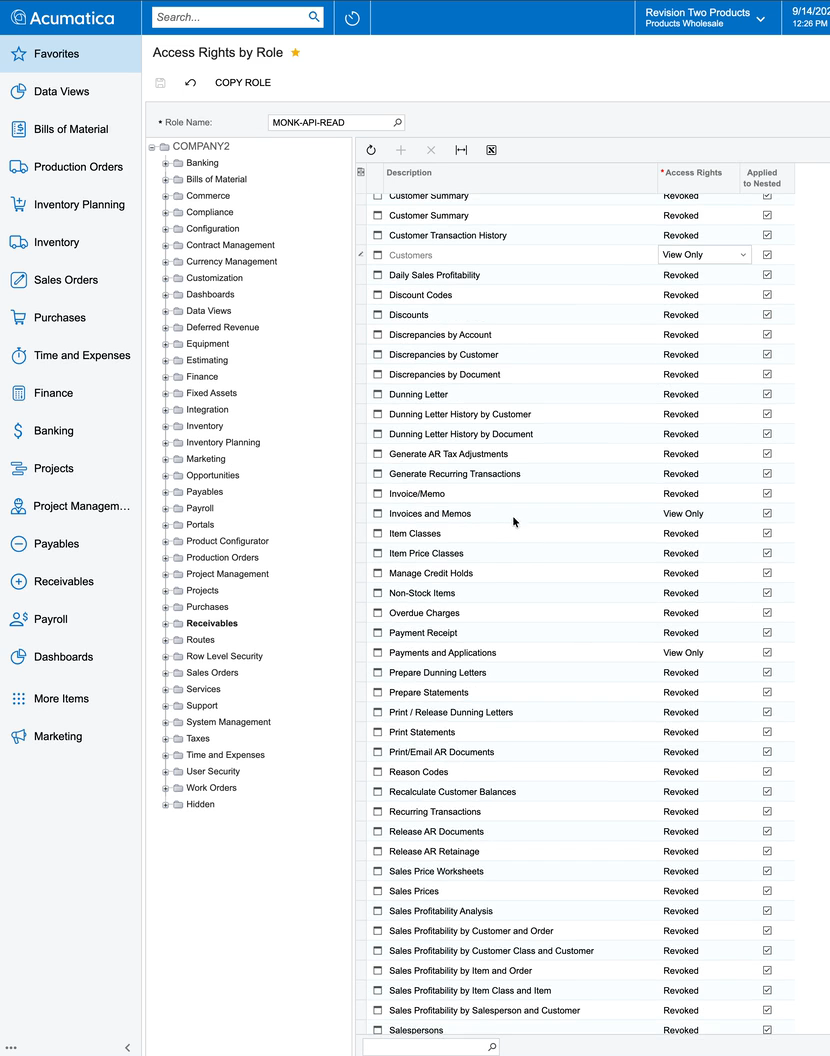 Acumatica Access Rights by Role screen with Customers, Invoices and Memos, and Payments and Applications set to View Only