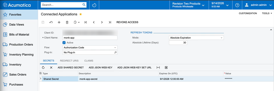 Acumatica Connected Applications screen with the Authorization Code flow and a shared secret