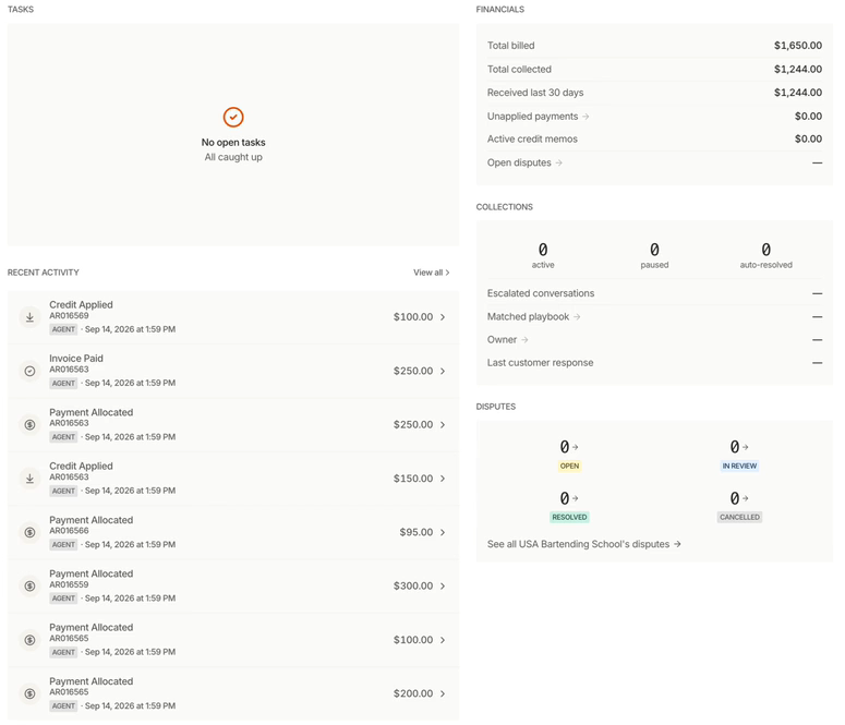 Monk customer page showing recent activity entries for credits applied, payments allocated, and an invoice paid from Acumatica