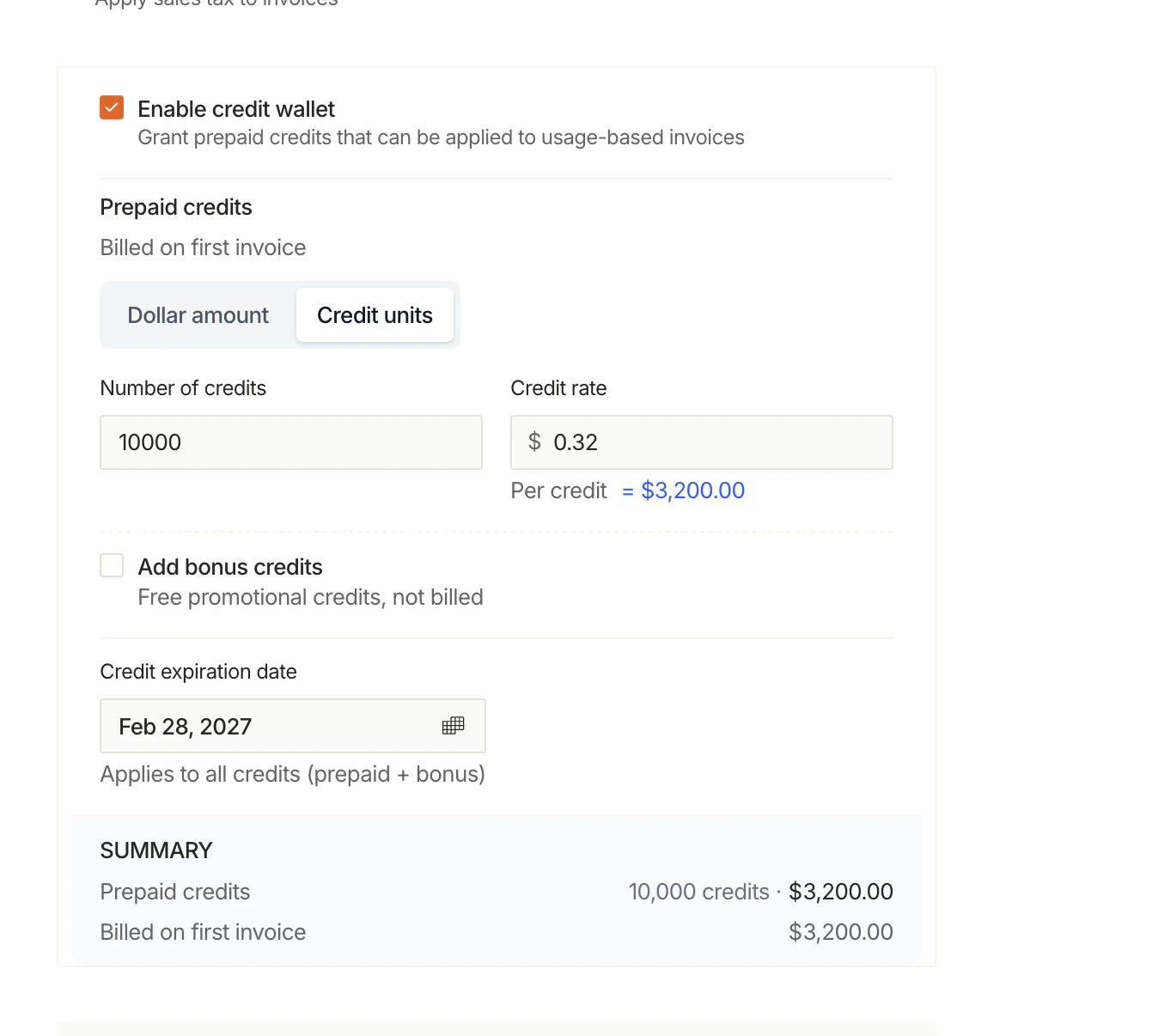 Credit wallet form showing number of credits and credit rate inputs