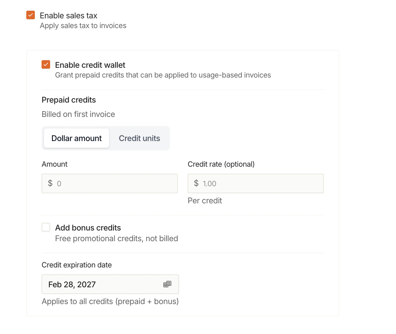 Full credit wallet form showing prepaid credits, bonus credits, and expiration settings