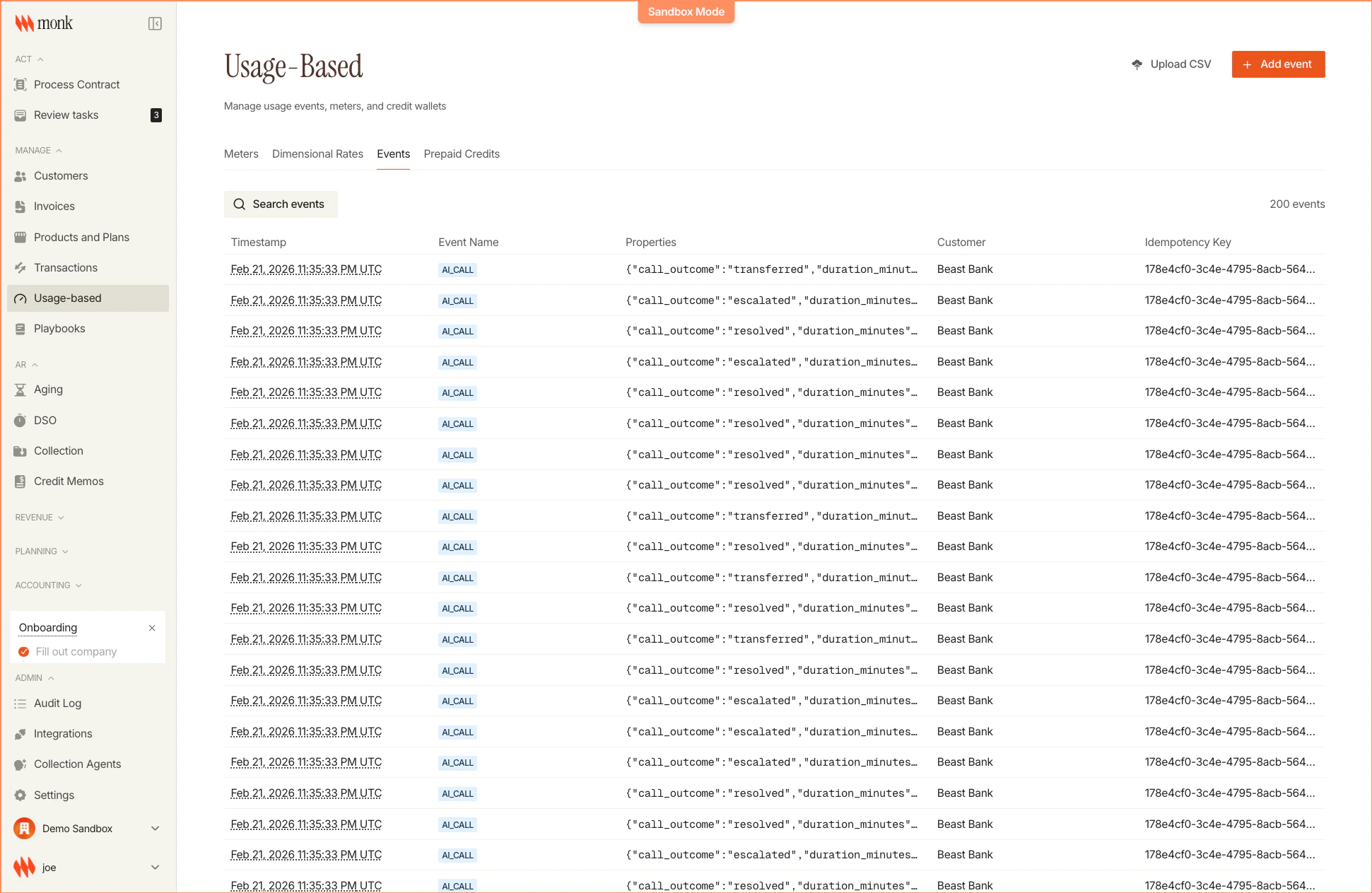 Events list showing AI call events with region, call_outcome, and duration_minutes properties