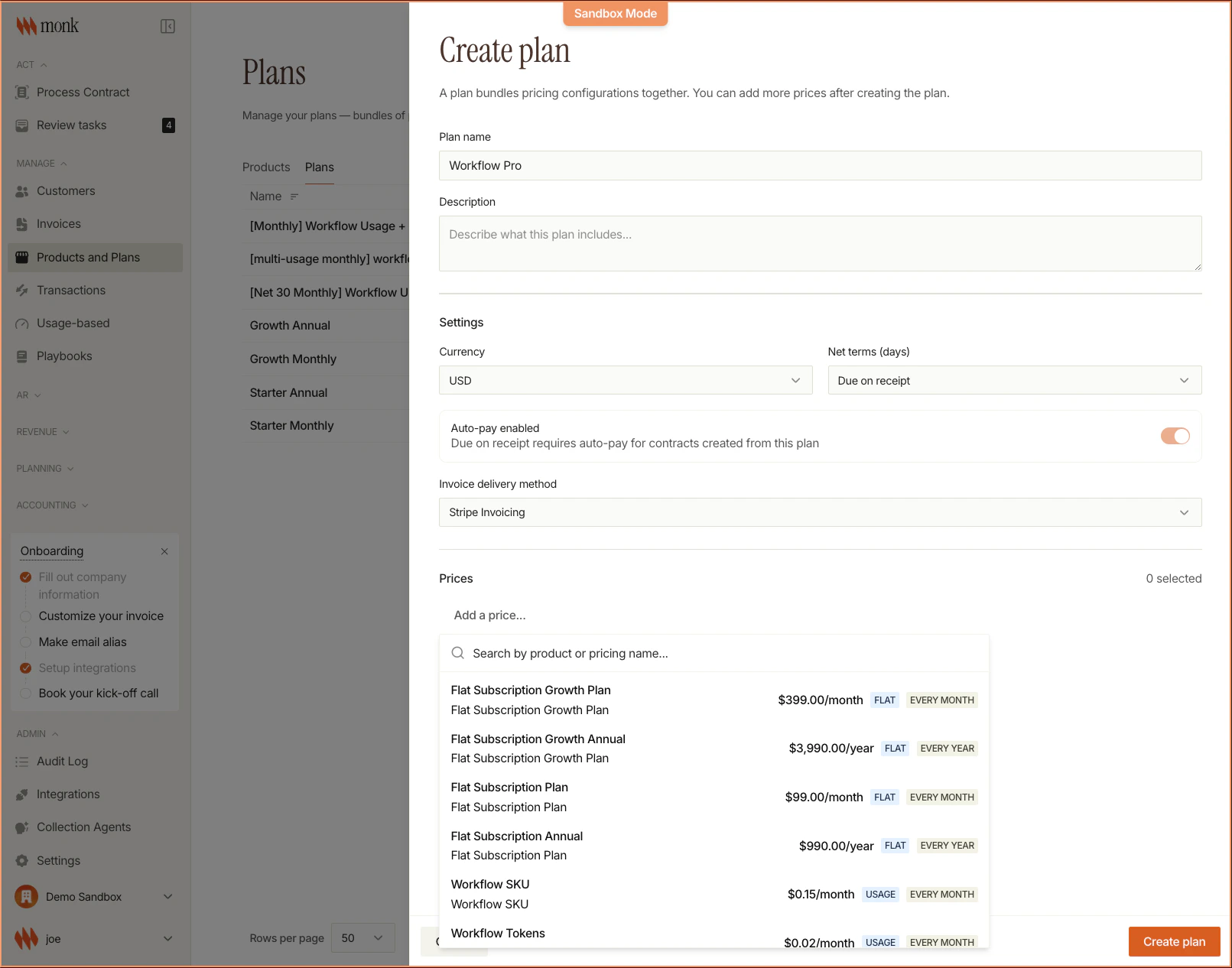 Add Pricing Item dialog with meter selection and rate configuration