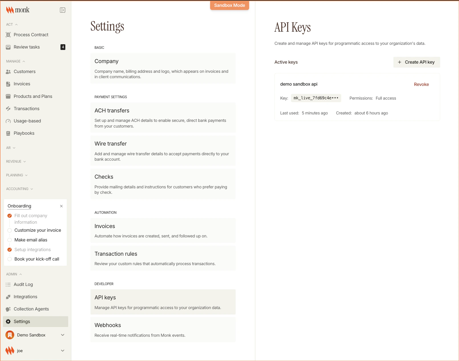 Settings page showing API Keys section
