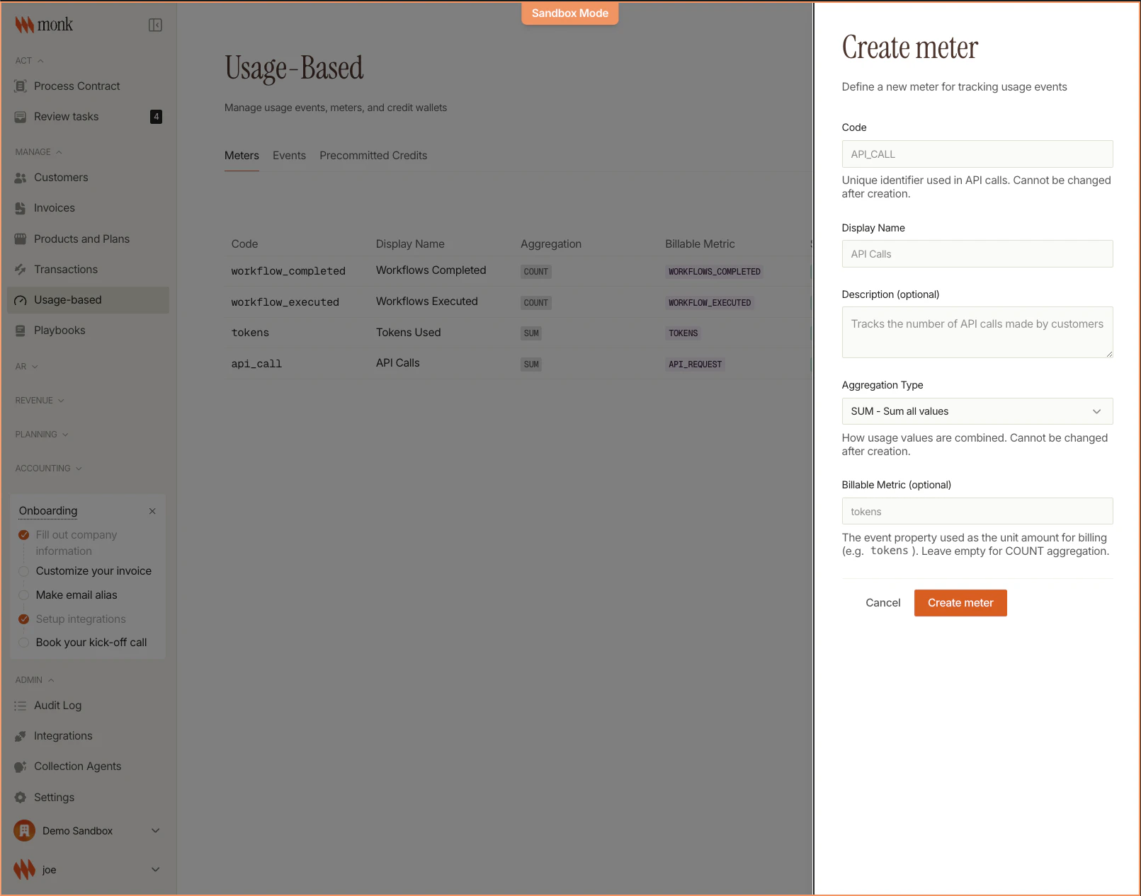 Create Meter dialog showing fields for Code, Display Name, and Aggregation type dropdown