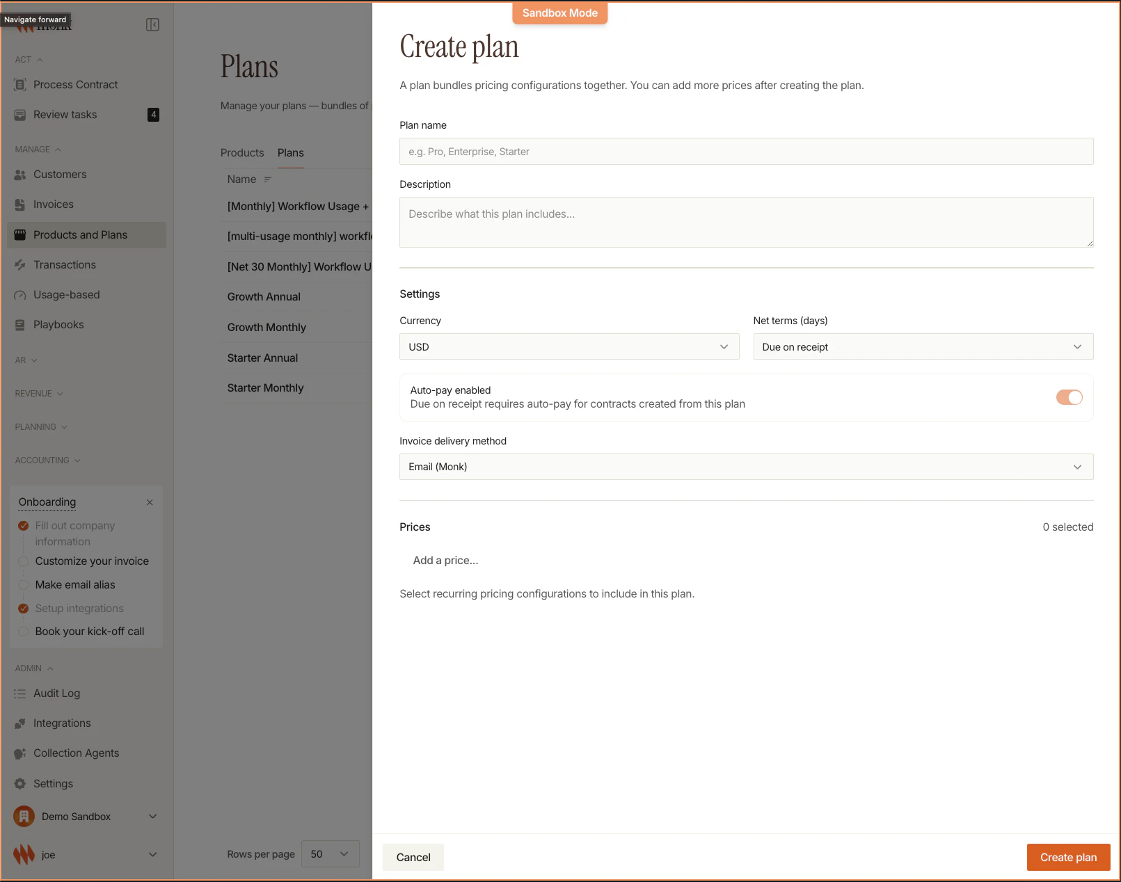 Create Plan dialog showing fields for Name, Currency, and Net Terms