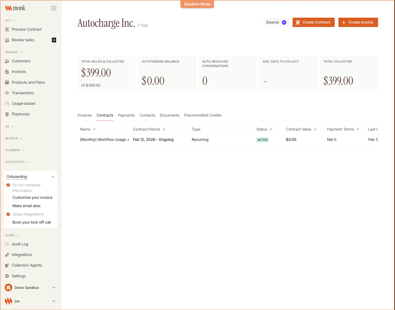 Customer page showing contracts table with plan and status