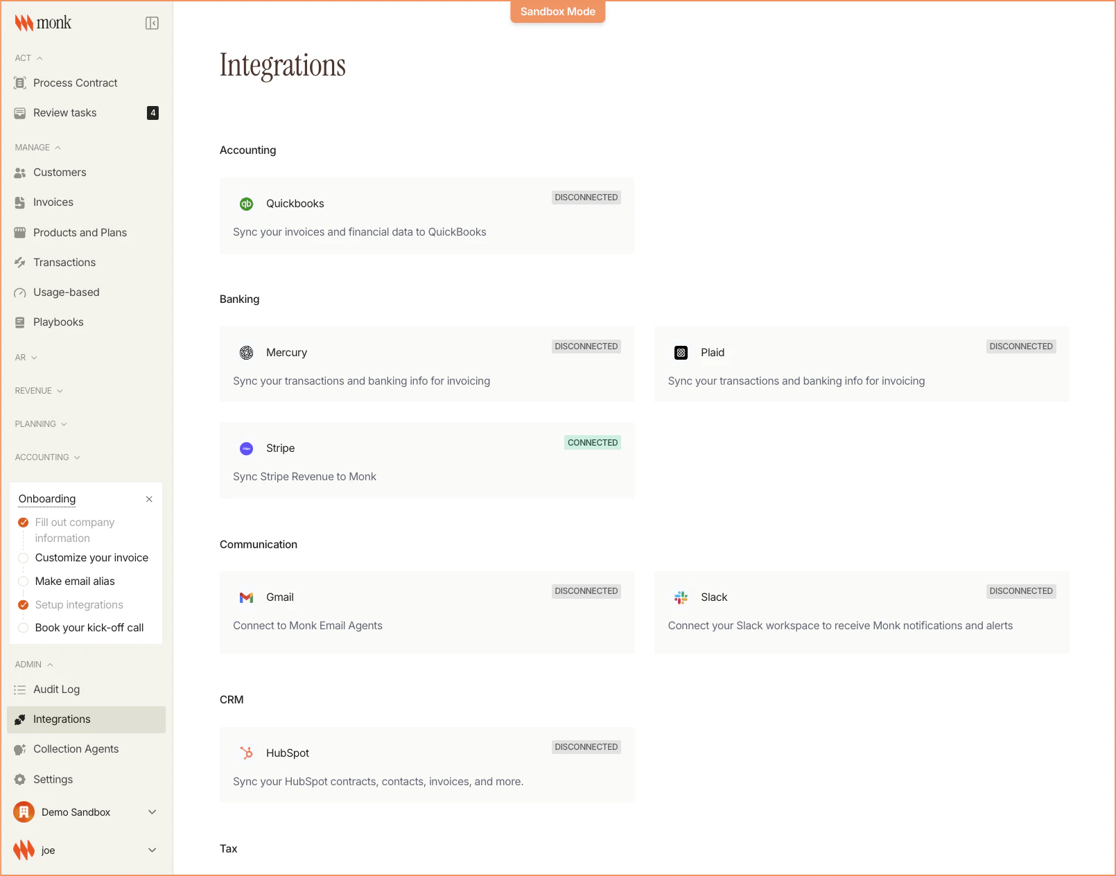 Integrations page showing connected Stripe account with status and settings