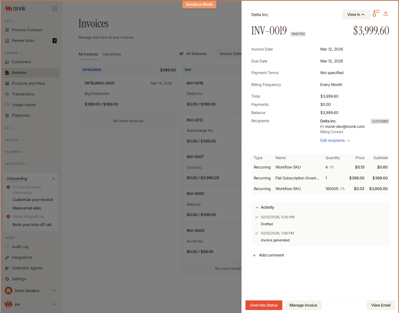 Invoice preview showing line items with descriptions, quantities, unit prices, and totals