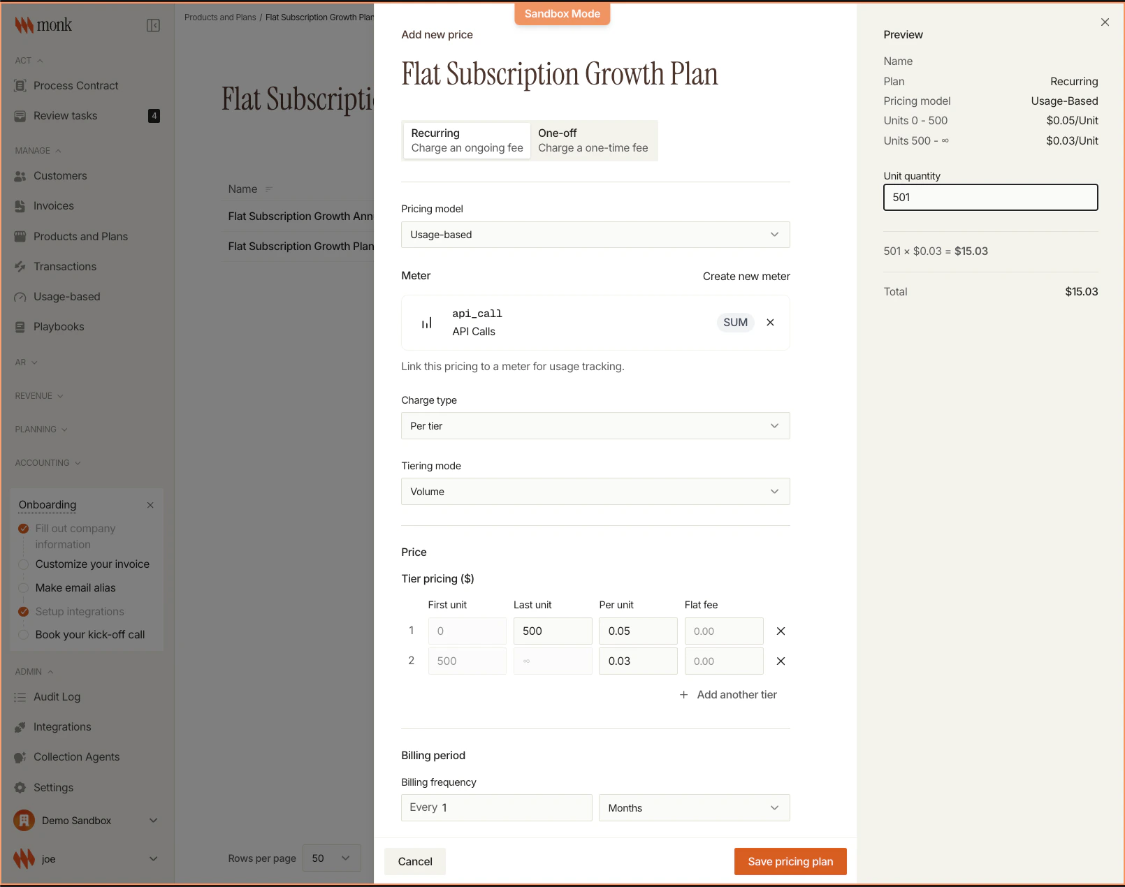 Tiered pricing configuration with free tier and overage rates