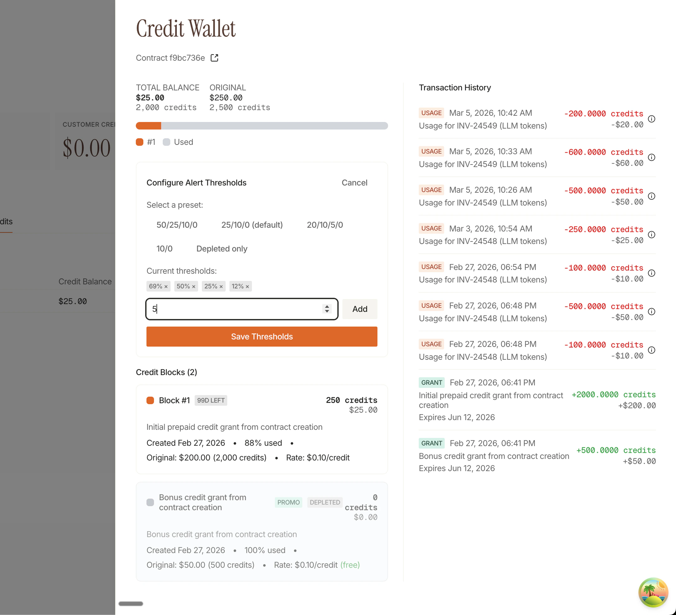 Configure Alert Thresholds dialog with preset options (50/25/10/0, 25/10/0, 20/10/5/0, 10/0, Depleted only) and custom threshold input