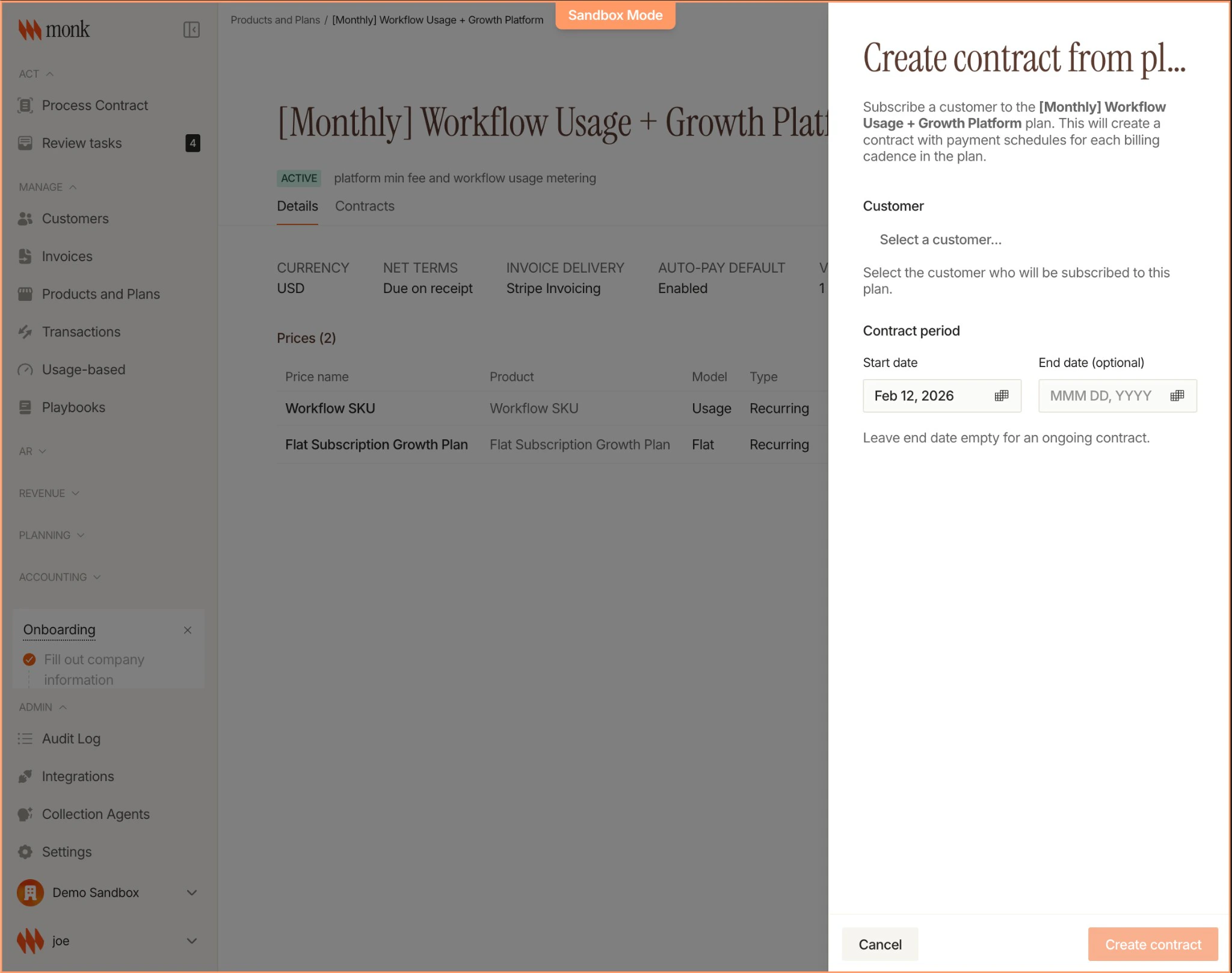 Create contract modal showing customer dropdown, contract period with start and end date fields, and the plan's pricing details