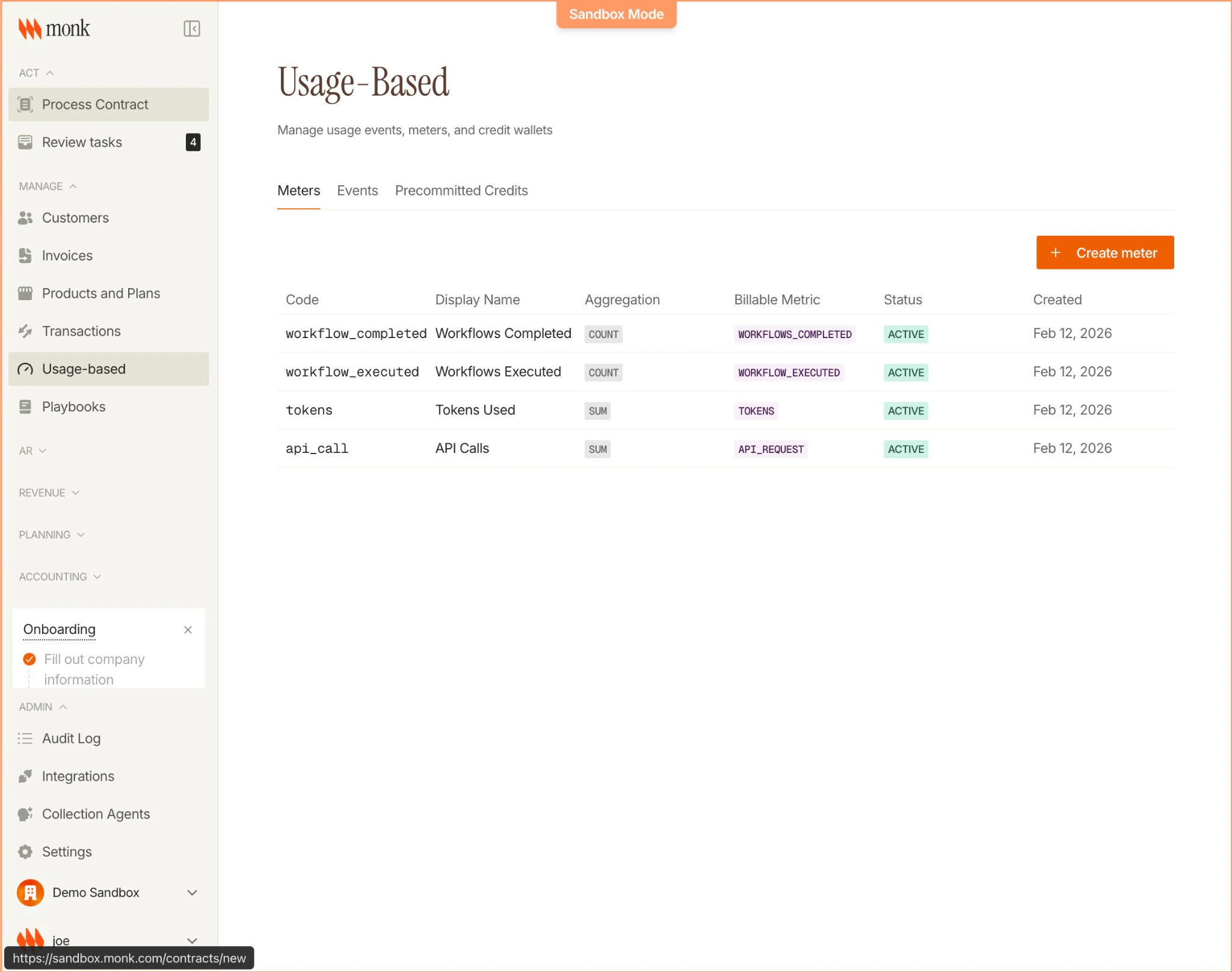 Usage-Based page showing meters tab with columns for Code, Display Name, Aggregation type (COUNT, SUM), Billable Metric, and Status