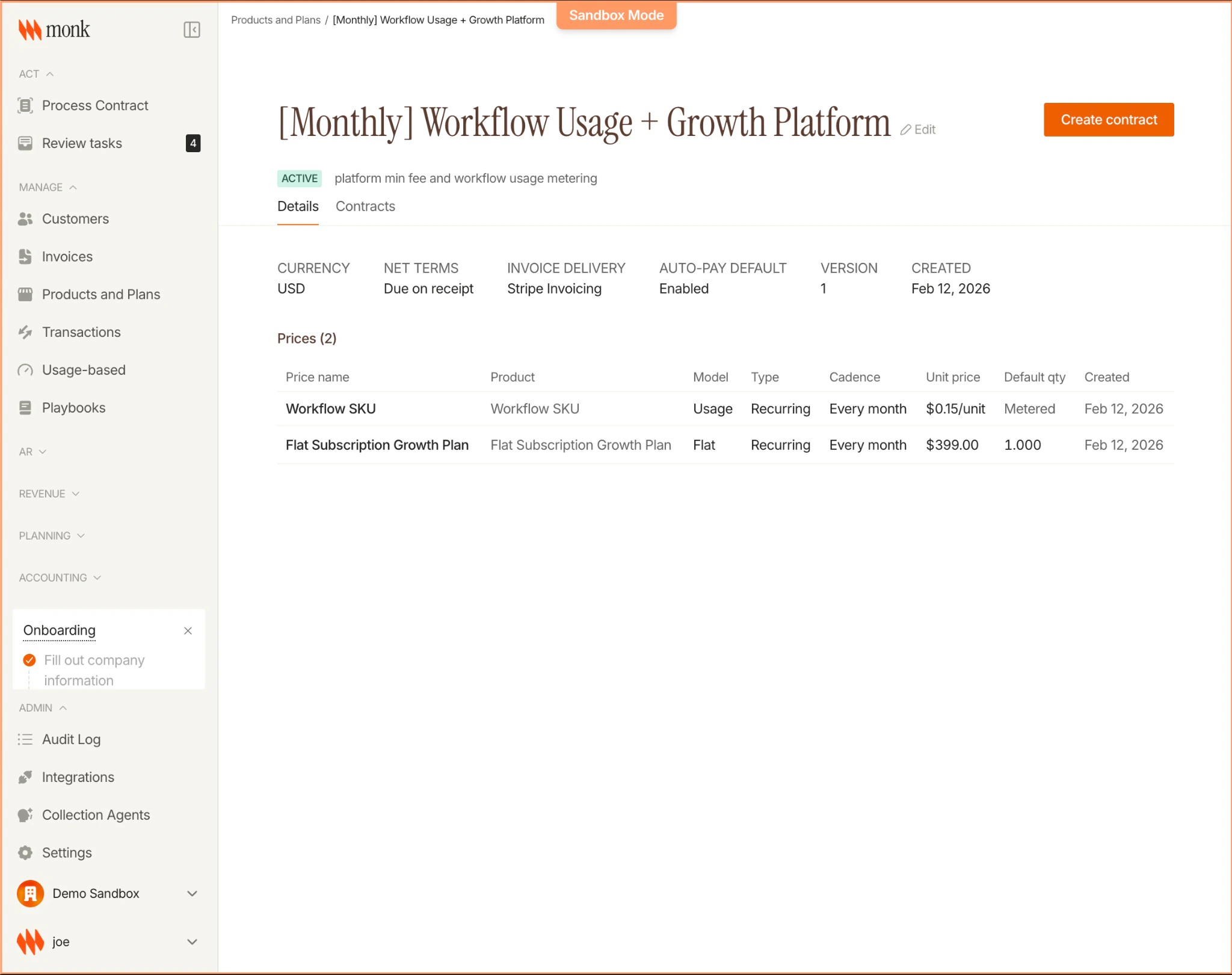 Plan detail page showing currency, net terms, invoice delivery, auto-pay settings, and a prices table with usage-based and flat subscription pricing