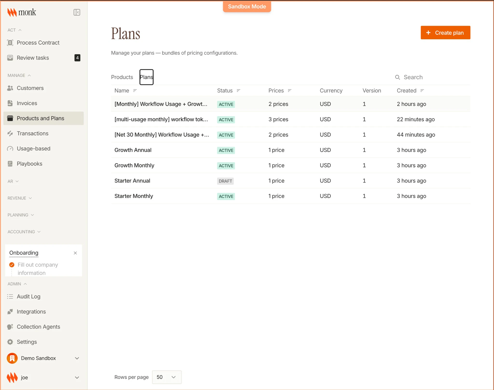 Plans page showing a table of plans with name, status, number of prices, currency, version, and creation date