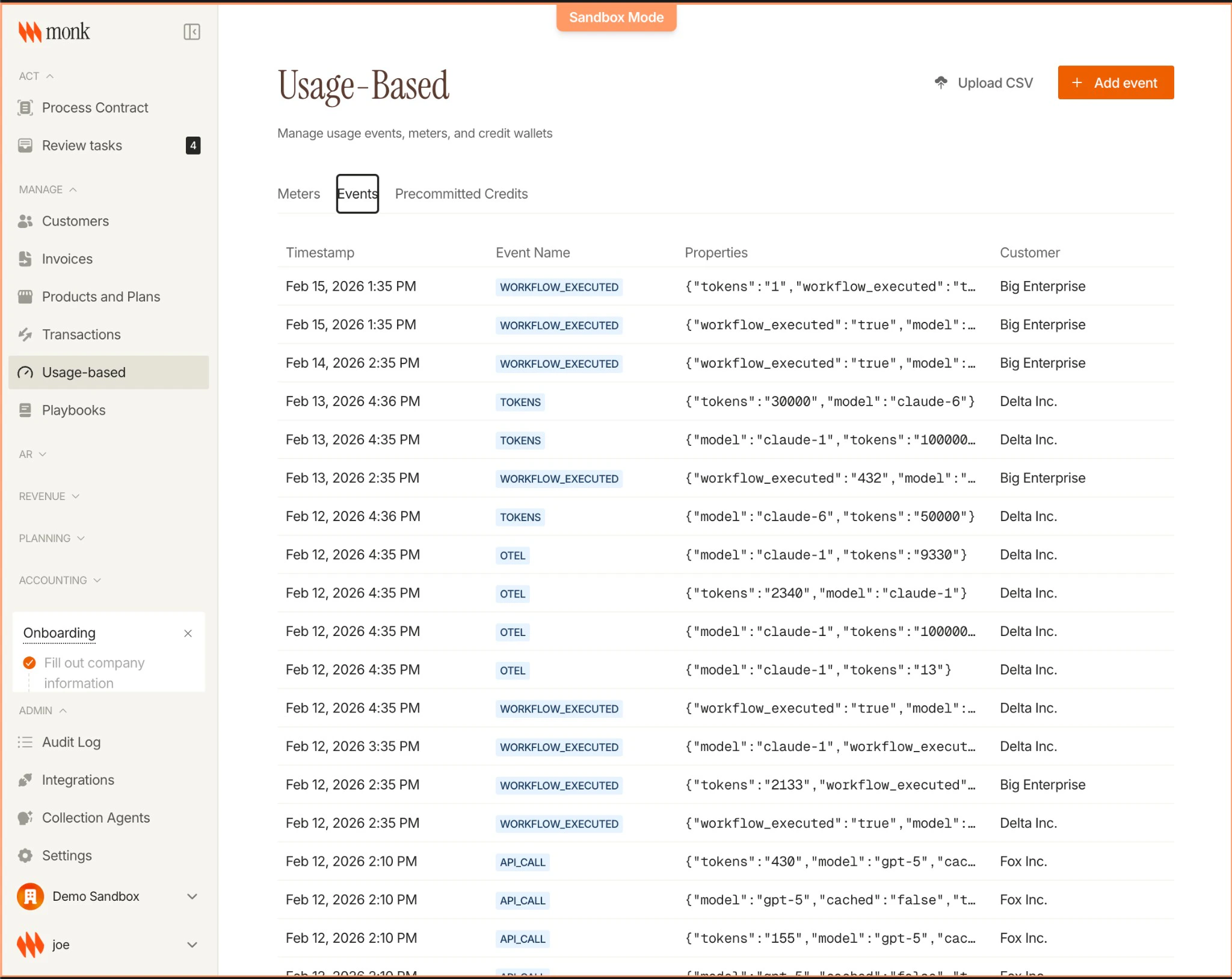 Usage-Based Events tab showing a list of usage events with timestamp, event name, properties JSON, and customer name