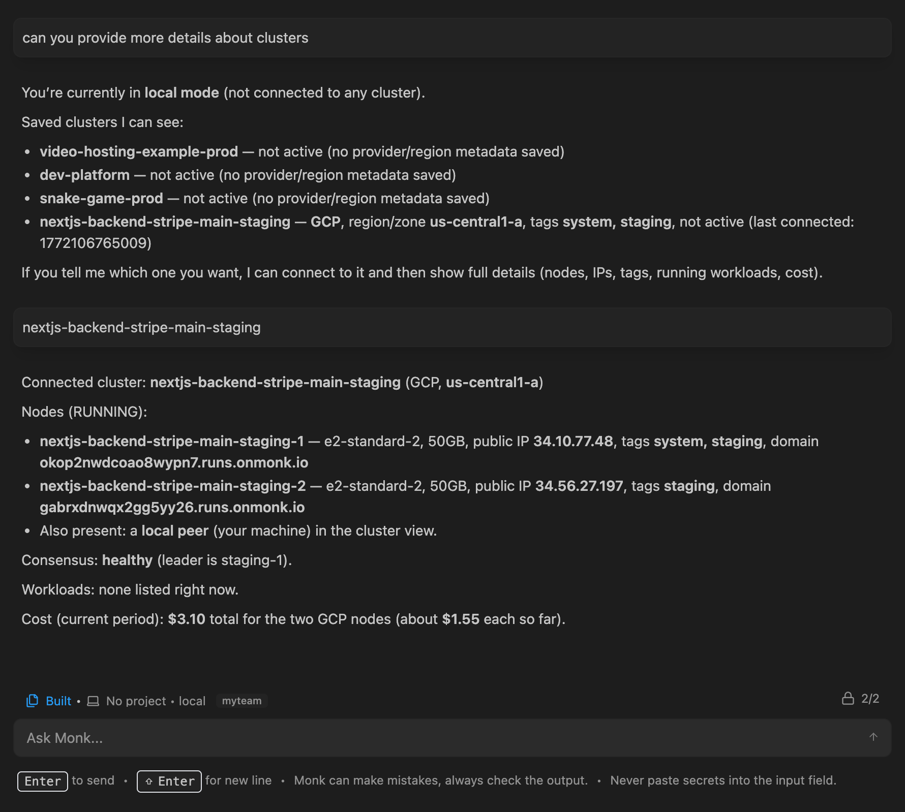 Monk Cluster Management via Chat